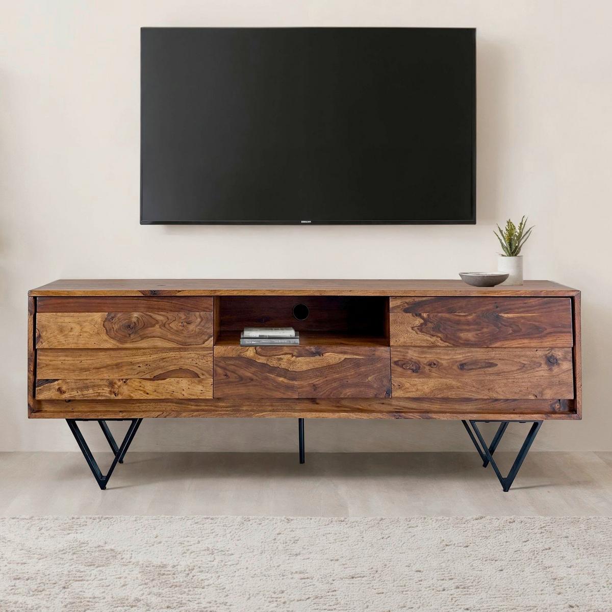 Lowboard Sheeshamfarben B: 160cm - Sheeshamfarben/Schwarz, Natur, Holz (160/56/35cm) - Livetastic