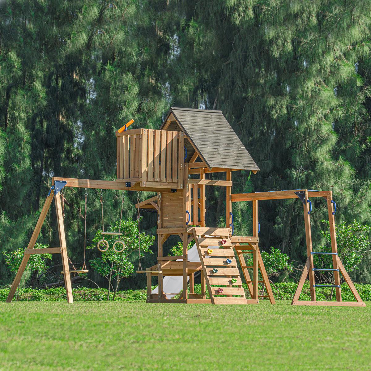 Spielturm mit Rutsche Weiss - Anthrazit/Braun, Basics, Holz/Kunststoff (482/500/338cm) - Ambia Garden