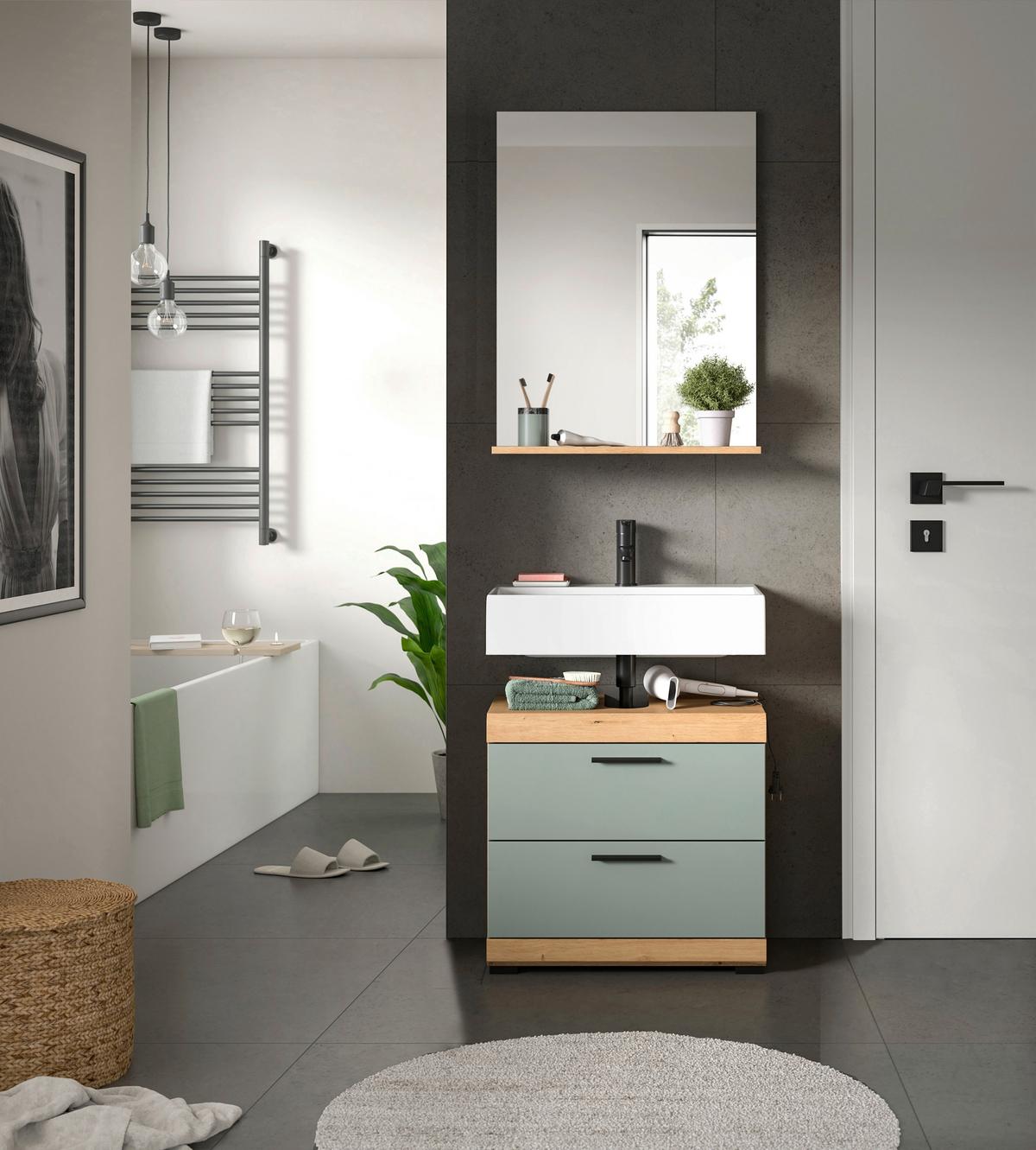 Badezimmer Scout Eiche Artisan Dekor Salbeigrün - Salbeigrün/Schwarz, MODERN, Glas/Holzwerkstoff (60cm) - MID.YOU