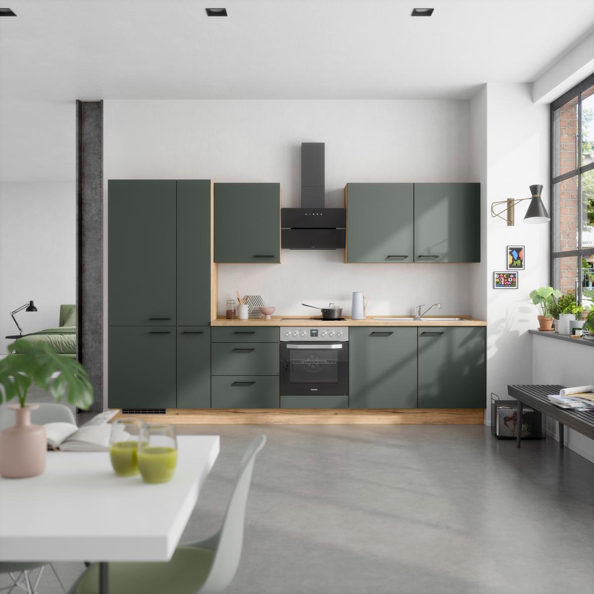 Kuchyňská linka 330 cm, minerální zelená,ultra matná - barvy dubu/černá, Moderní, kov/kompozitní dřevo (330cm) - Nobilia