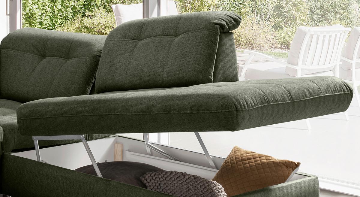 Wohnlandschaft Mit Bettkasten Rigatti Dunkelgrün B: 387 Cm - Dunkelgrün/Schwarz, MODERN, Textil (184/387/252cm) - Livetastic
