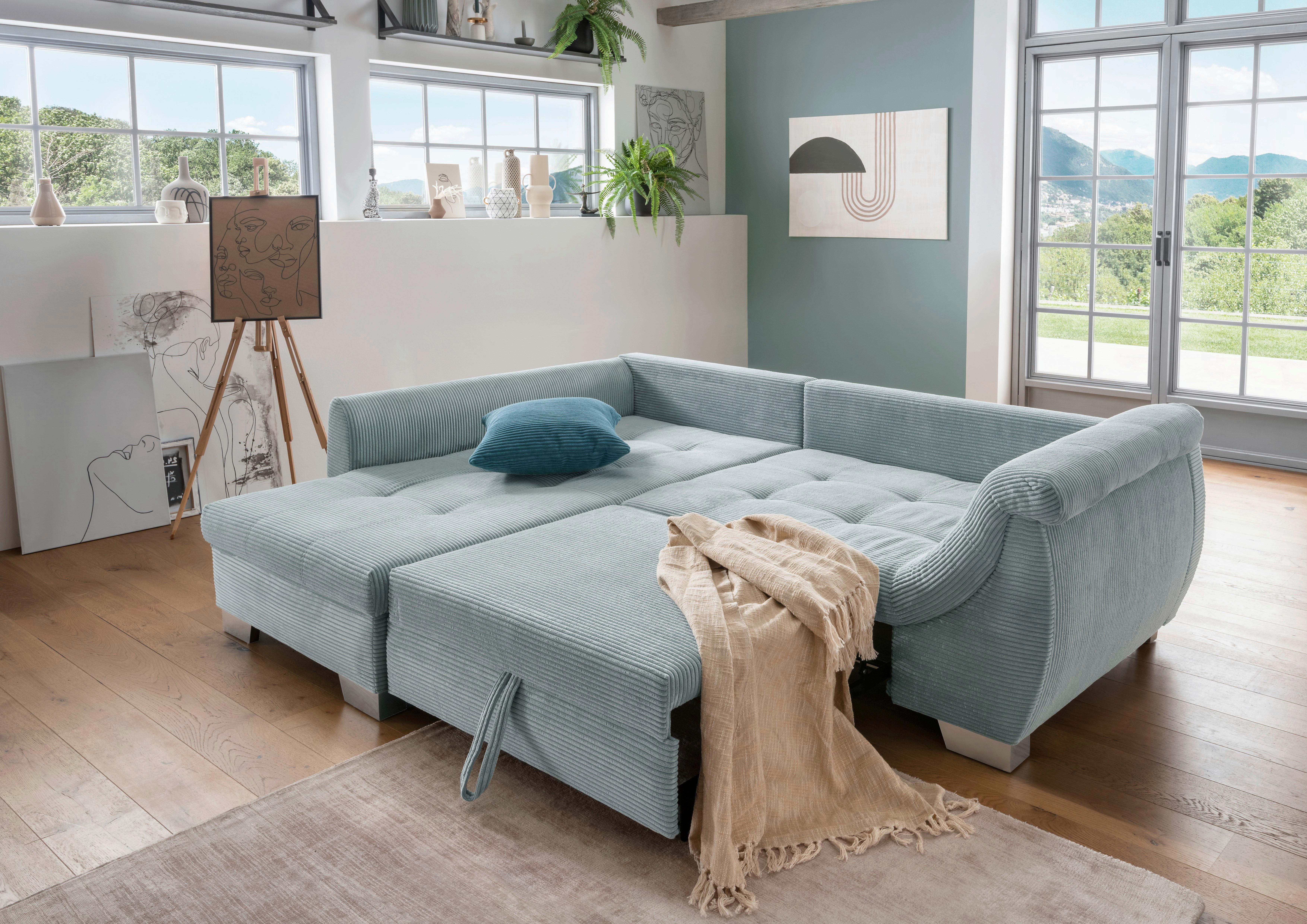 Beigefarbenes Ecksofa mit Bezug aus Cordstoff und Schlaffunktion