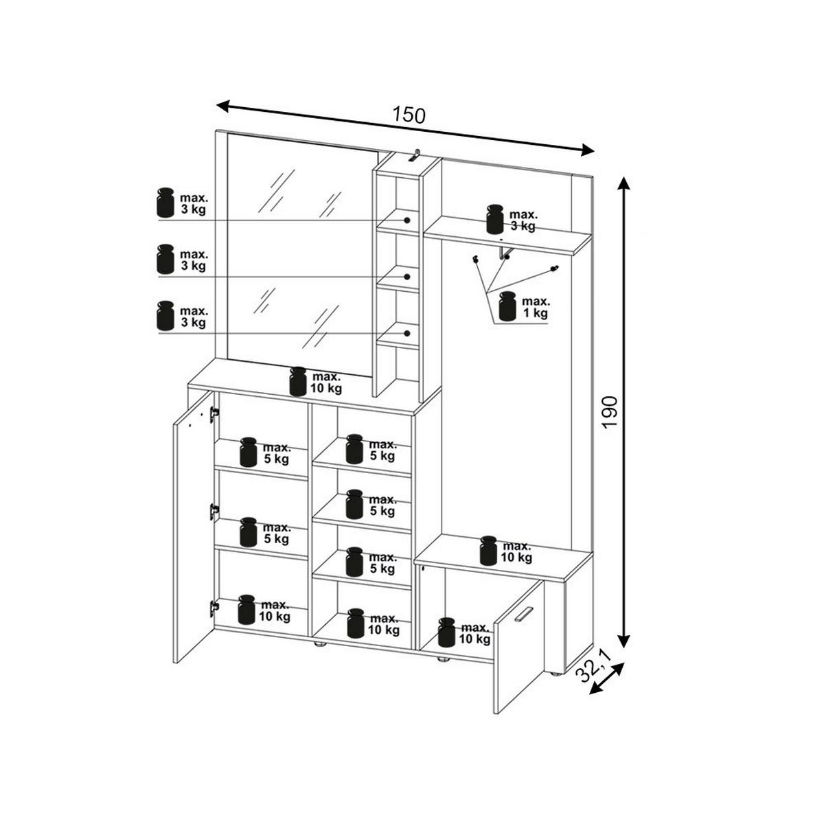 Predsieňový nábytk VIZA, dub artisan, biela - biela/dub artisan, Konventionell, kompozitné drevo (150/190/31,8cm)