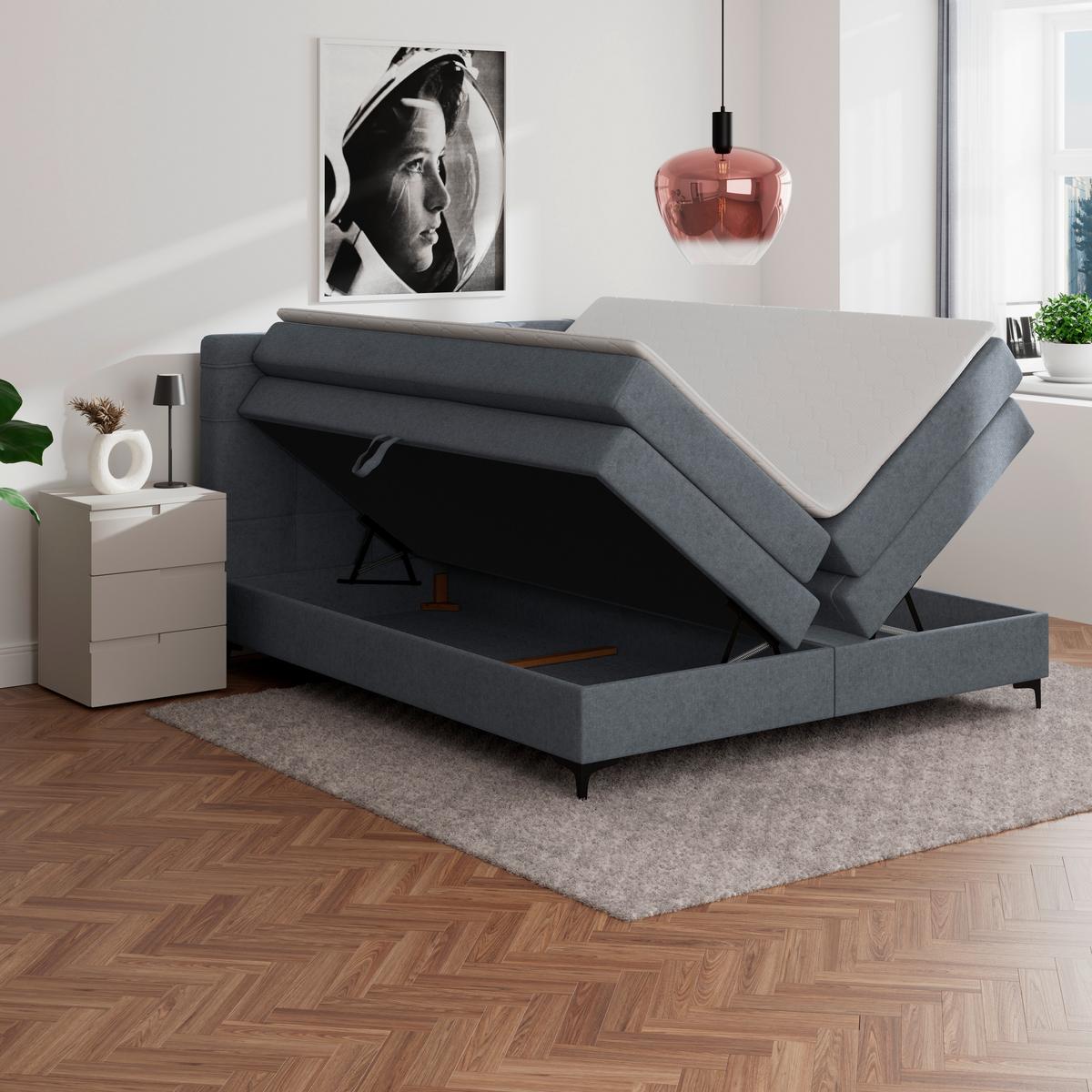 Boxspringbett MITTO Blaugrau 160x200 cm - Blaugrau/Schwarz, KONVENTIONELL, Textil/Metall (160/200cm)