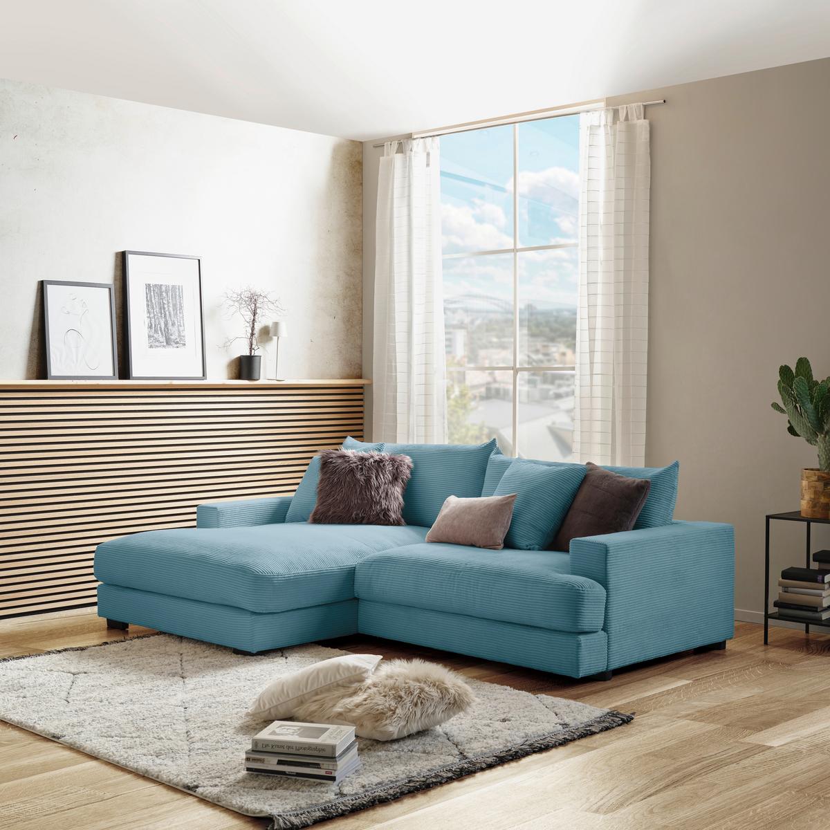 Ecksofa Pelle mit Kissen Türkis Cord 180x265 cm - Türkis/Schwarz, MODERN, Textil (180/265cm)