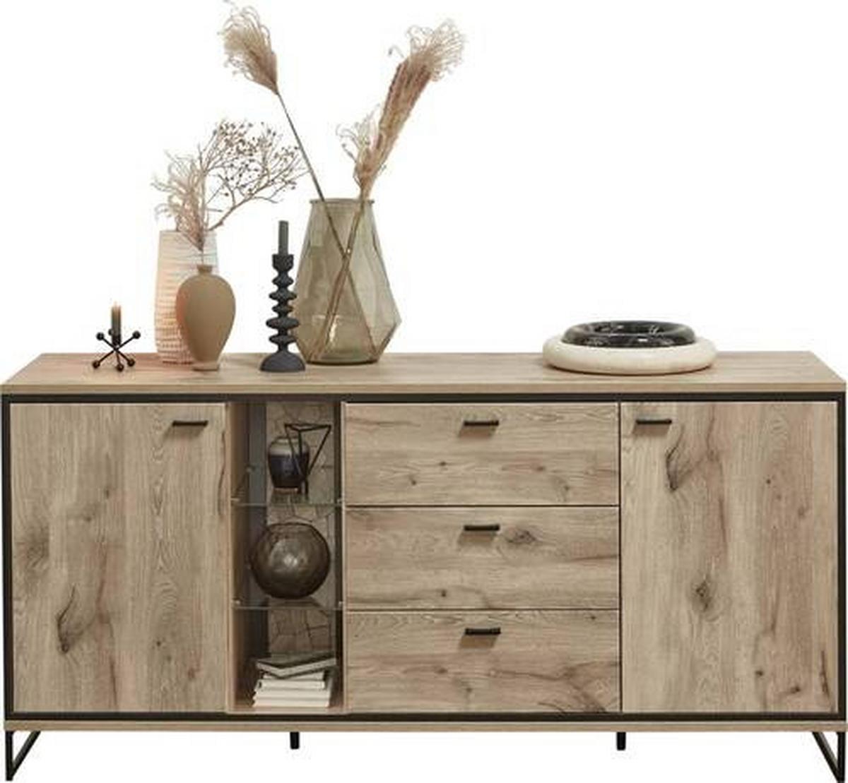 Sideboard Ruben - Eichefarben/Schwarz, KONVENTIONELL, Glas/Holzwerkstoff (180/86/49cm) - Livetastic