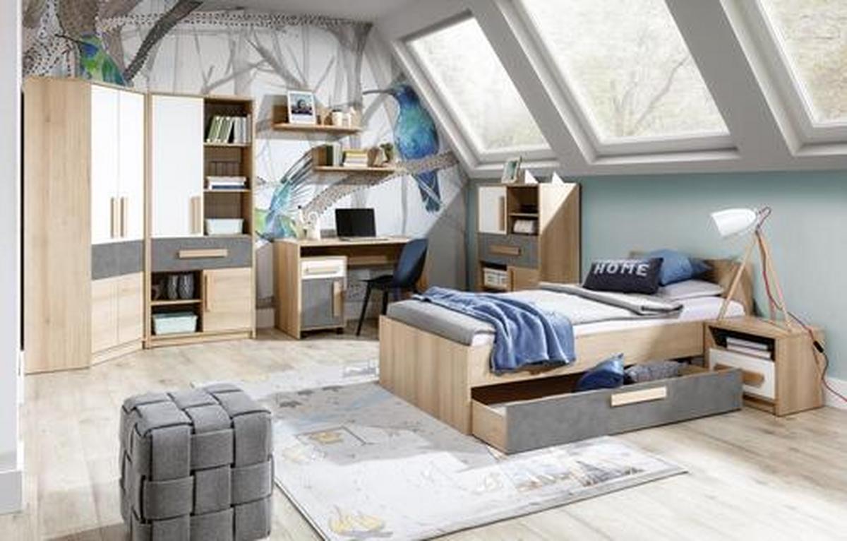 Schrank Aygo Buche Dekor/grau /weiß Bxh: 83x192 Cm + Lade - Buchefarben/Weiß, MODERN, Holz/Holzwerkstoff (83/192/39,5cm) - MID.YOU