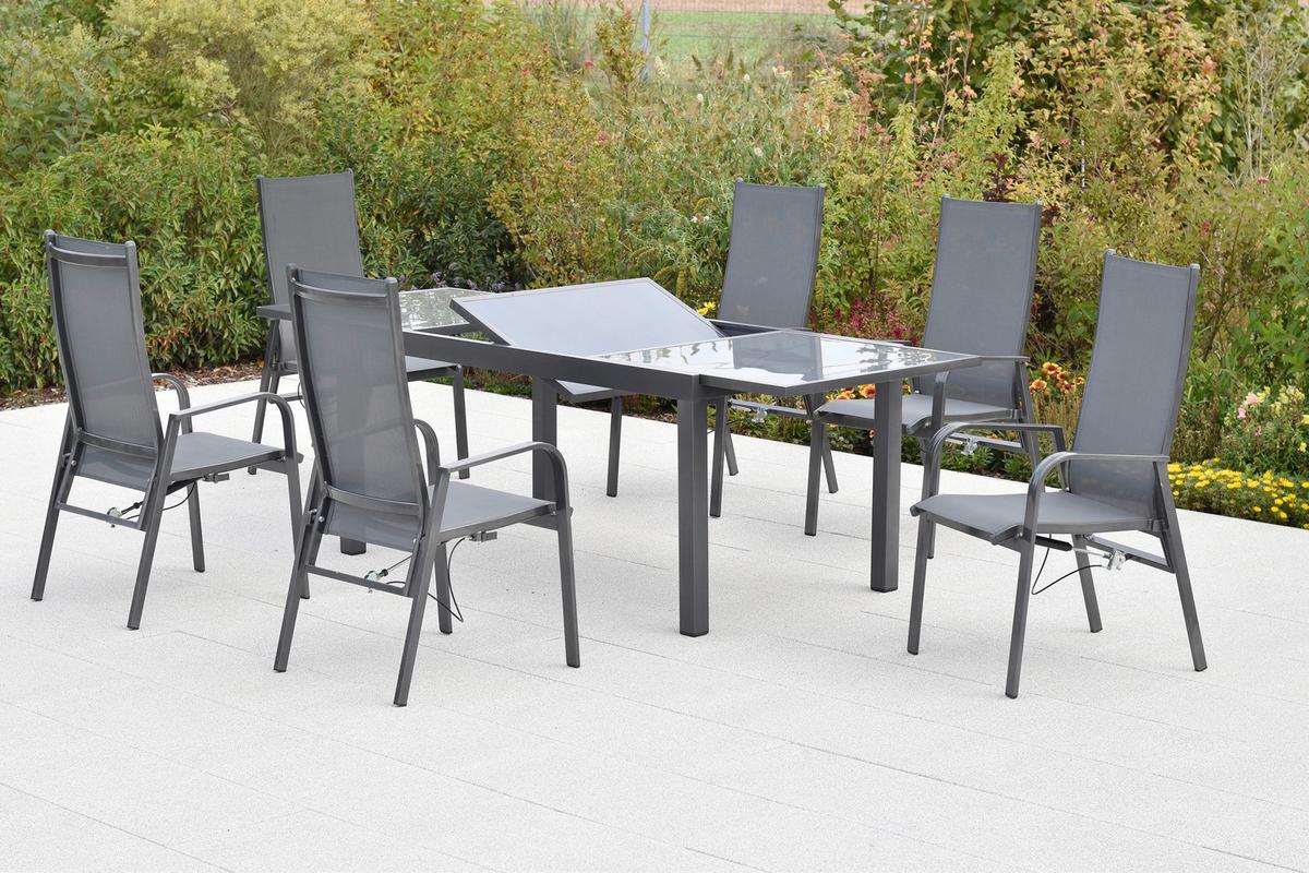 Gartentischgruppe Alassio 7--Teilig. Aus Aluminium - Graphitfarben/Grau, KONVENTIONELL, Glas/Textil - Gardenson