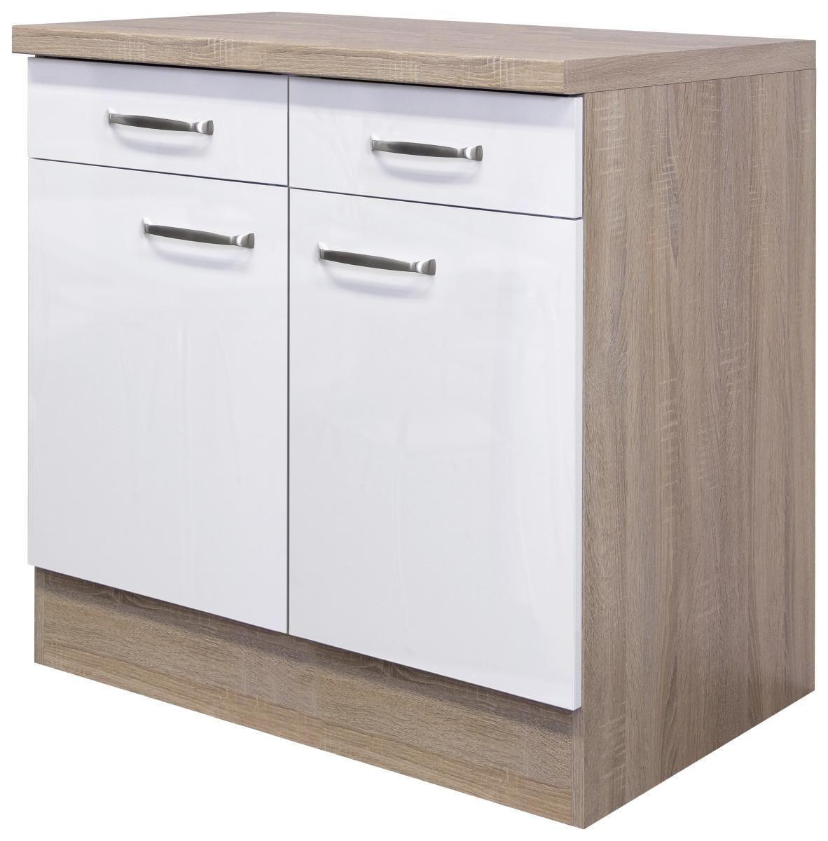 Spodní skříňka Venezia-Valero 80 cm - Sonoma dub/vysoce lesklá bílá, Moderní, kov/kompozitní dřevo (80/86/60cm) - FlexWell