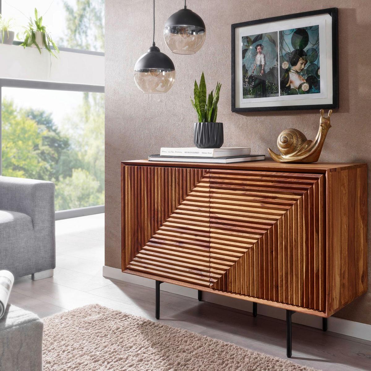 Sideboard Sheesham Sheeshamfarben B: 100 cm - Sheeshamfarben/Schwarz, Design, Holz (100/71/40cm) - MID.YOU