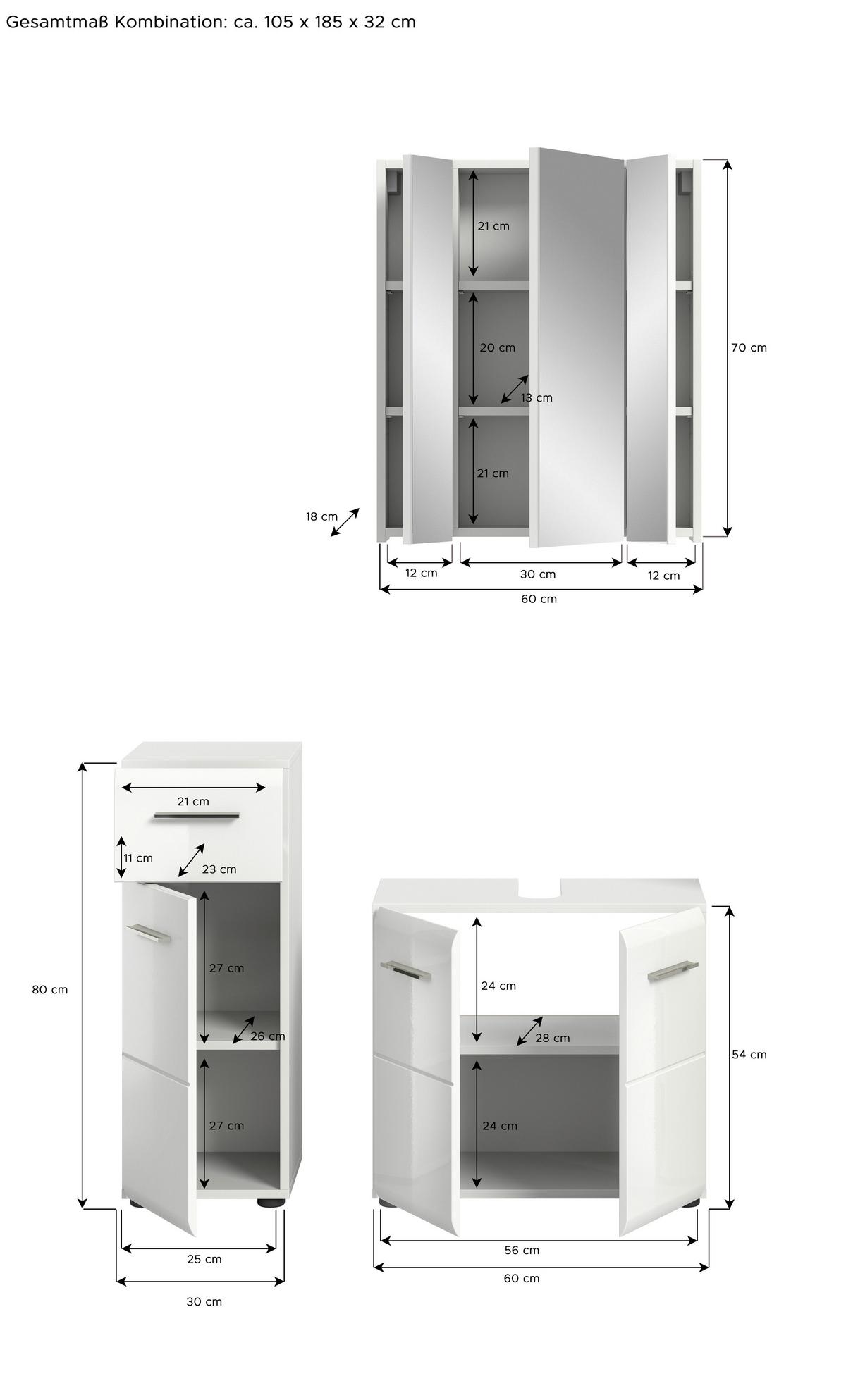 Badezimmer Ice Weiß Hg B: 90 cm - Weiß Hochglanz/Schwarz, MODERN, Glas/Holzwerkstoff (90cm) - MID.YOU