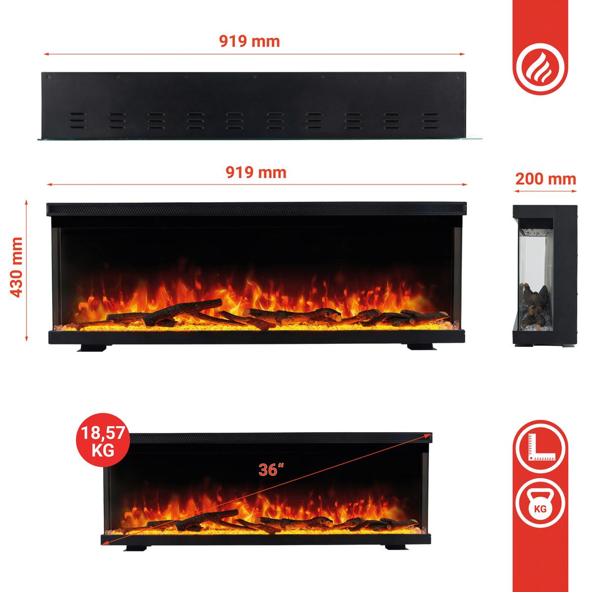 Elektrokamin Lea - Schwarz, Basics, Glas/Metall (91,9/43,0/20,0cm)