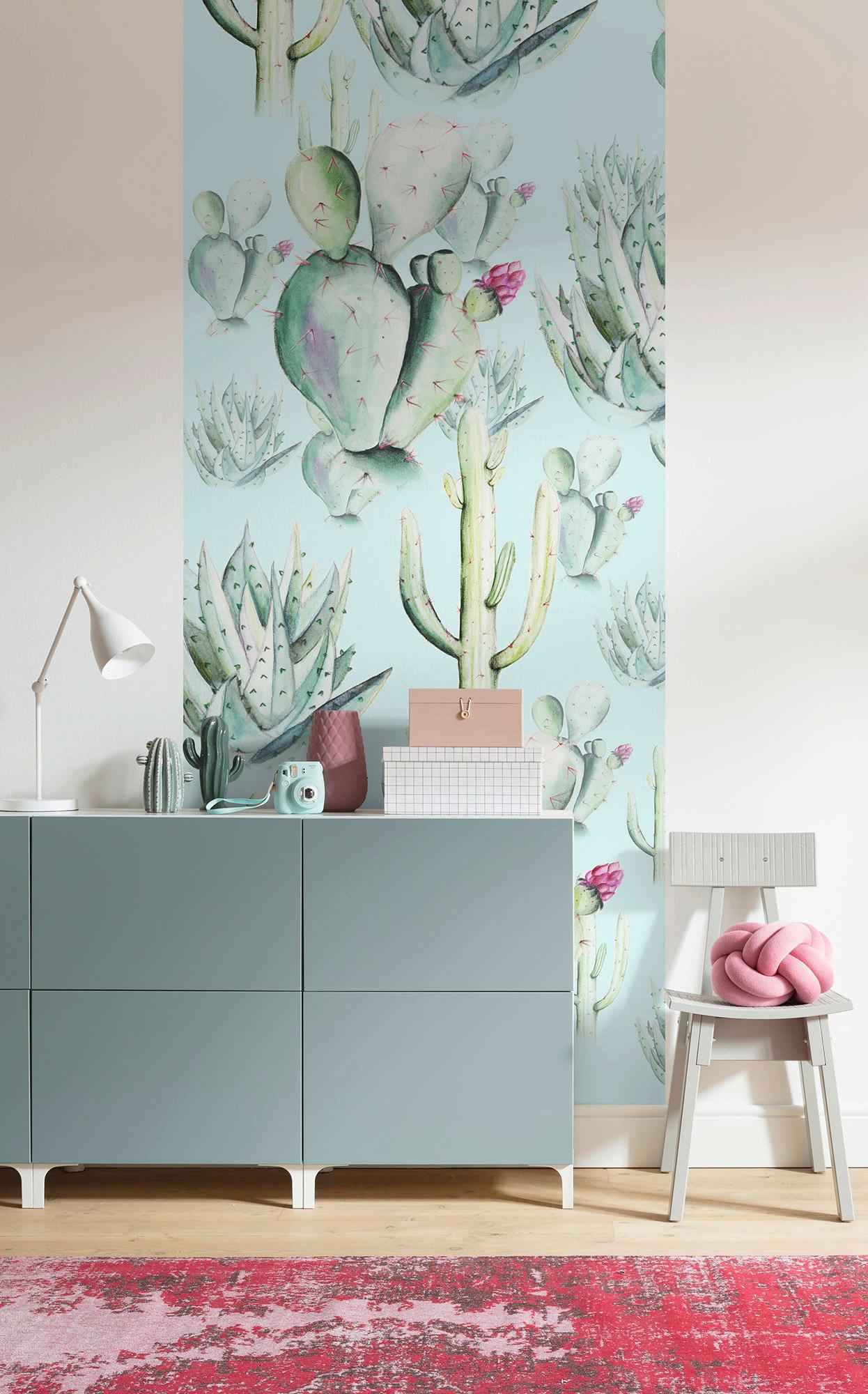 Vliestapete Cactus Blue Panel - Blau/Grün, Basics (100/250cm) - Komar