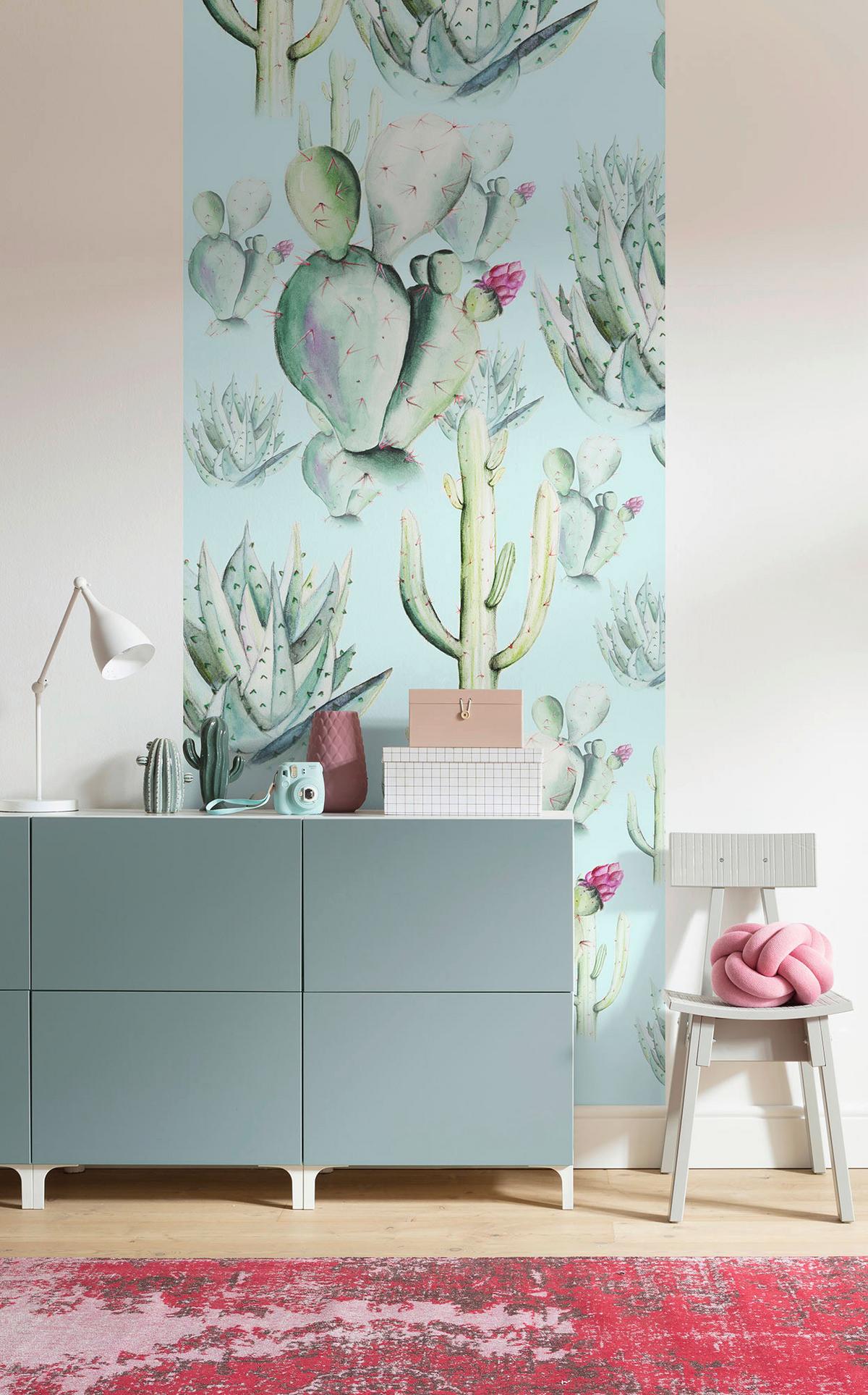 Vliestapete Cactus Blue Panel - Blau/Grün, Basics (100/250cm) - Komar