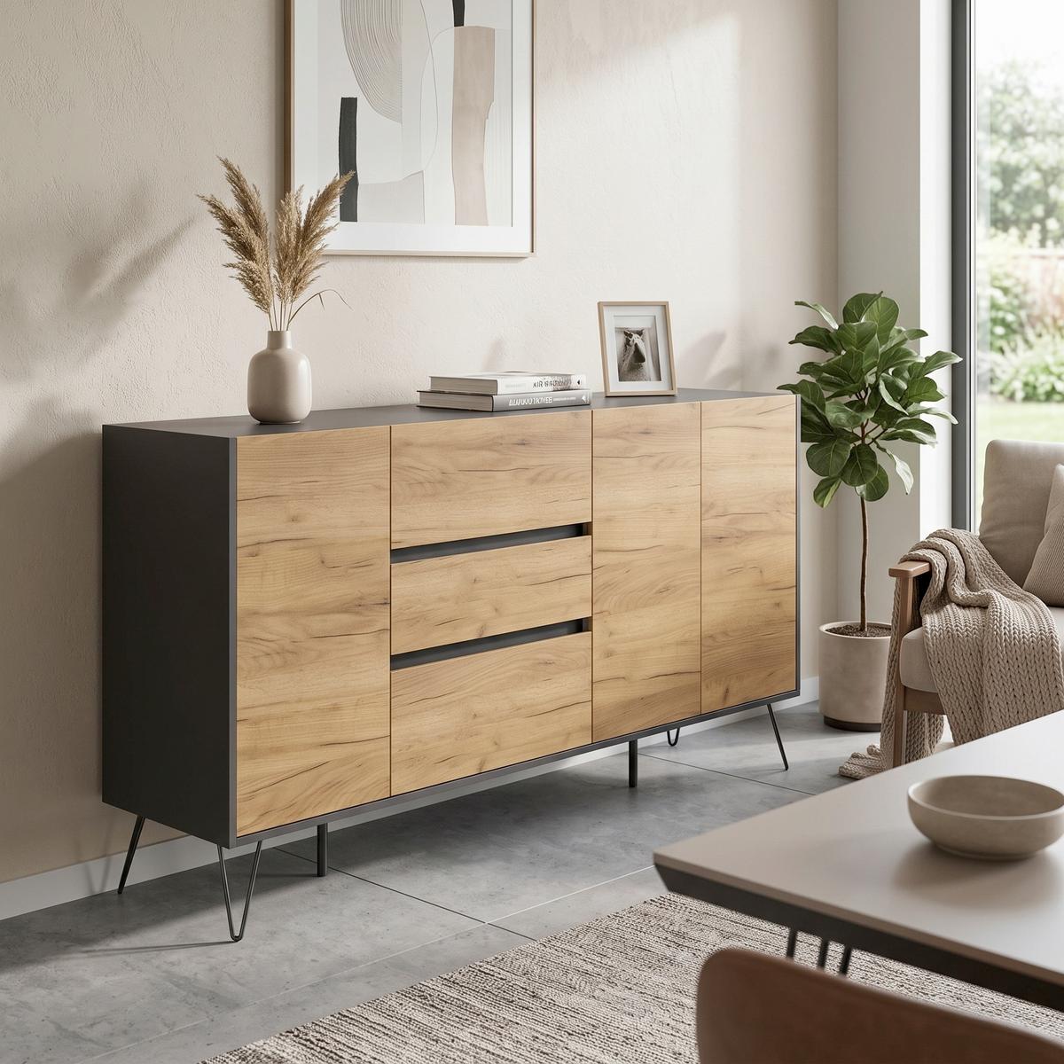 Sideboard Posseik Industrial Eichefarben/Graphitfarben B: 177cm - Eichefarben/Graphitfarben, Design, Holzwerkstoff (177/93,6/42cm) - MID.YOU