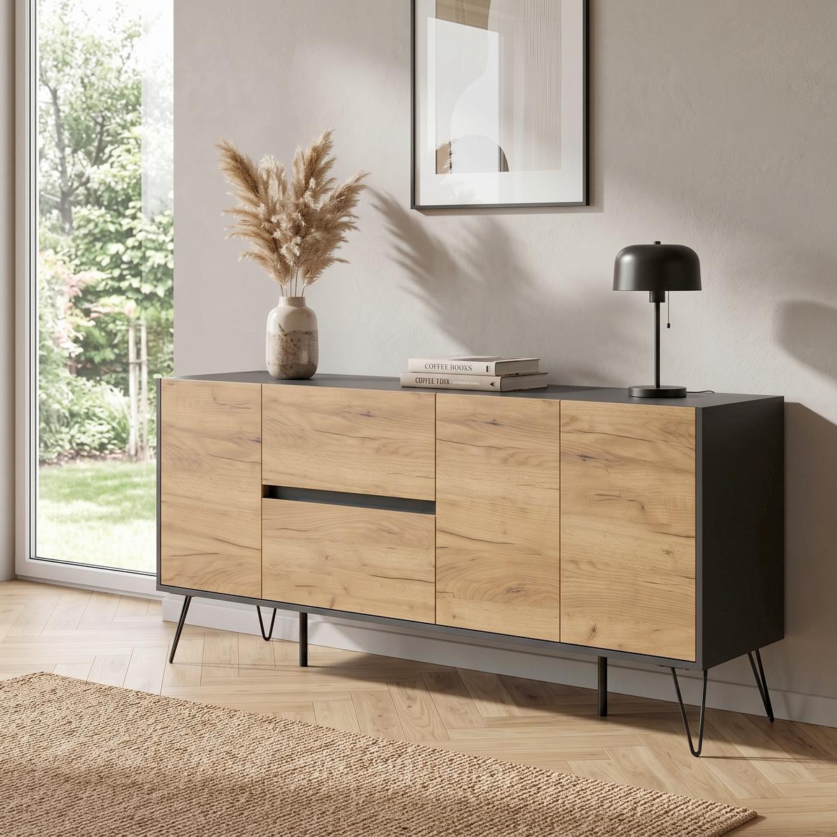 Sideboard Posseik Industrial Graphitfarben/Eiche B: 177 cm - Eichefarben/Graphitfarben, Design, Holzwerkstoff (177/75,8/42cm) - MID.YOU