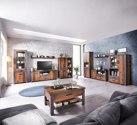 Wohnprogramm in Holzdekor kombiniert mit Betonoptik Regal in Holzdekor und Betonoptik