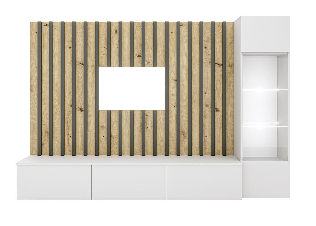 Obývací stěna LAMEL - šedá/bílá, Design, kompozitní dřevo/sklo (220/148/35cm) - MID.YOU