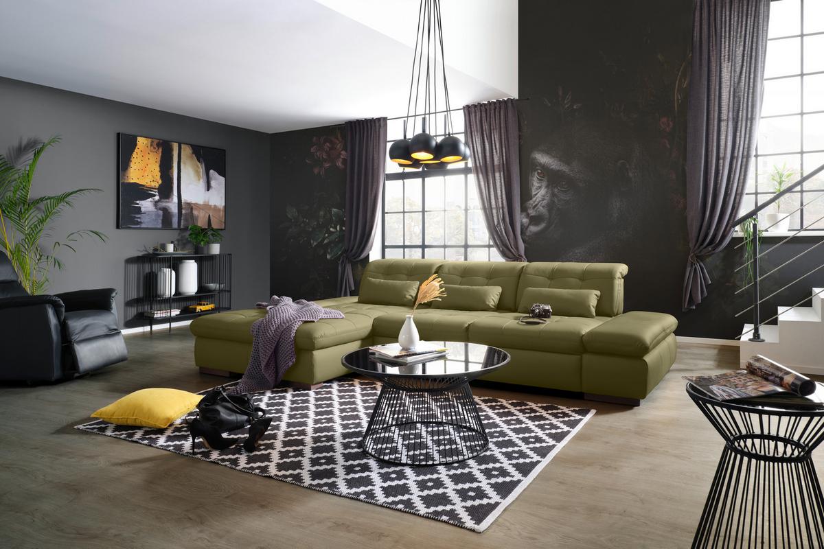 Rohová sedačka SANFINO, levá, olivově zelená pravá kůže - barvy chromu/olivově zelená, Konvenční, kov/kůže (199/305cm) - Premium Living