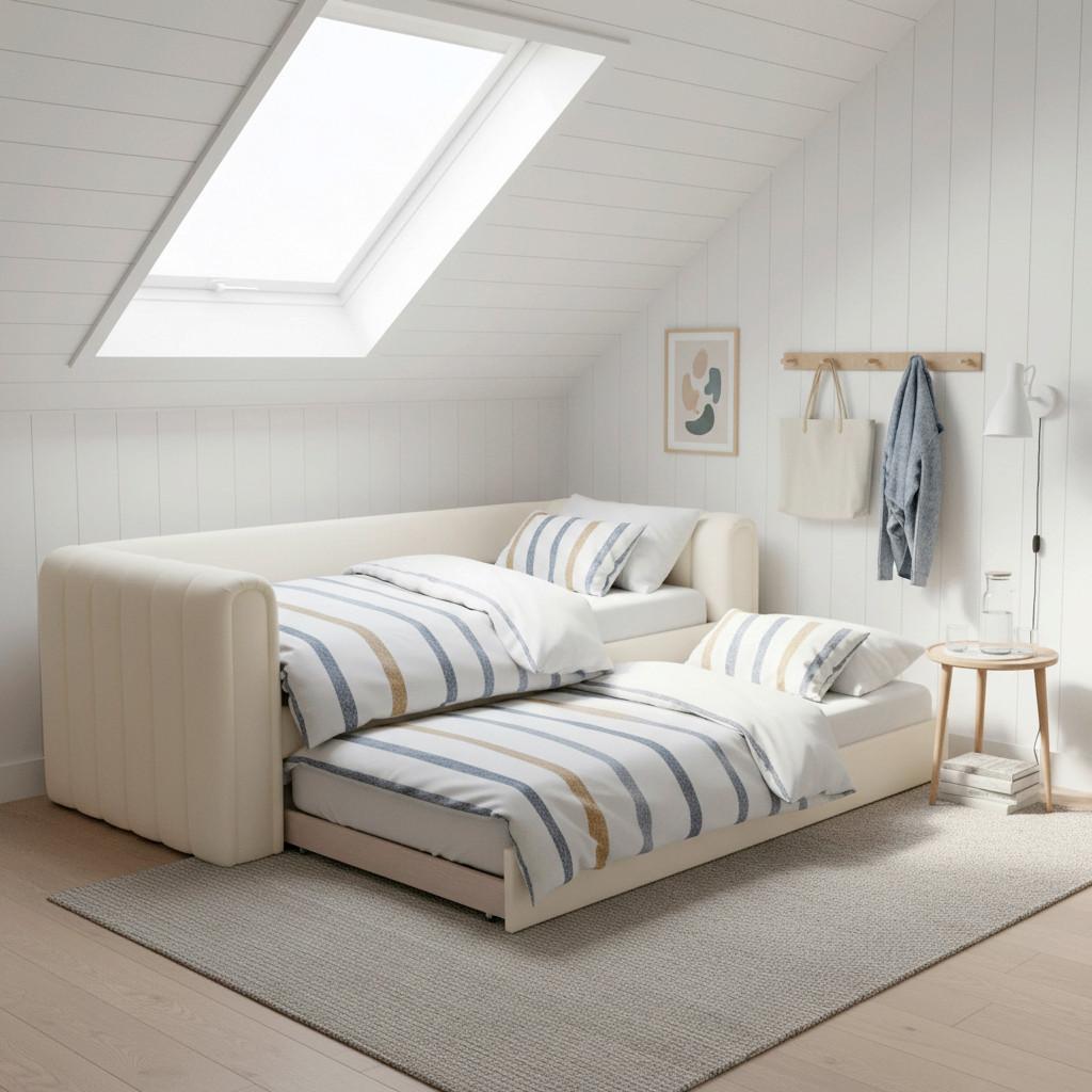 Výsuvná postel TASHA 90x200 cm, krémová - černá/krémová, Moderní, dřevo/textil (90/200cm) - Bessagi Home