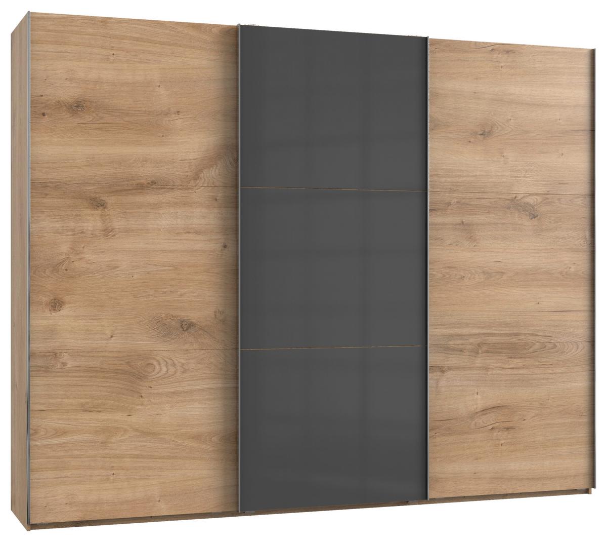Schwebetürenschrank dreitürig mit grauen und eichefarbenen Oberflächen