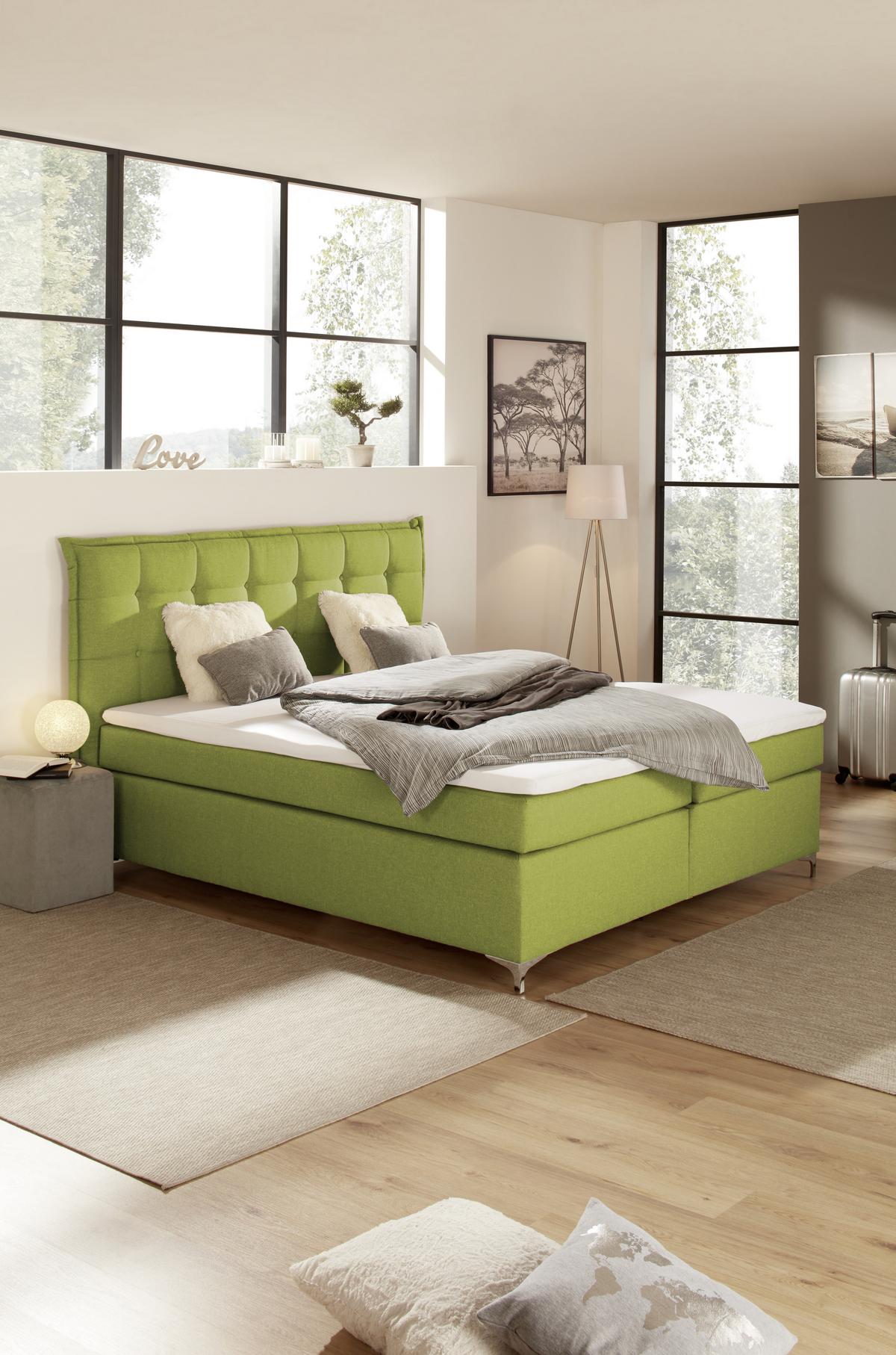 Boxspringbett Mit Topper 180x200cm Fabio, Grün - Grün, MODERN, Textil (180/200cm)