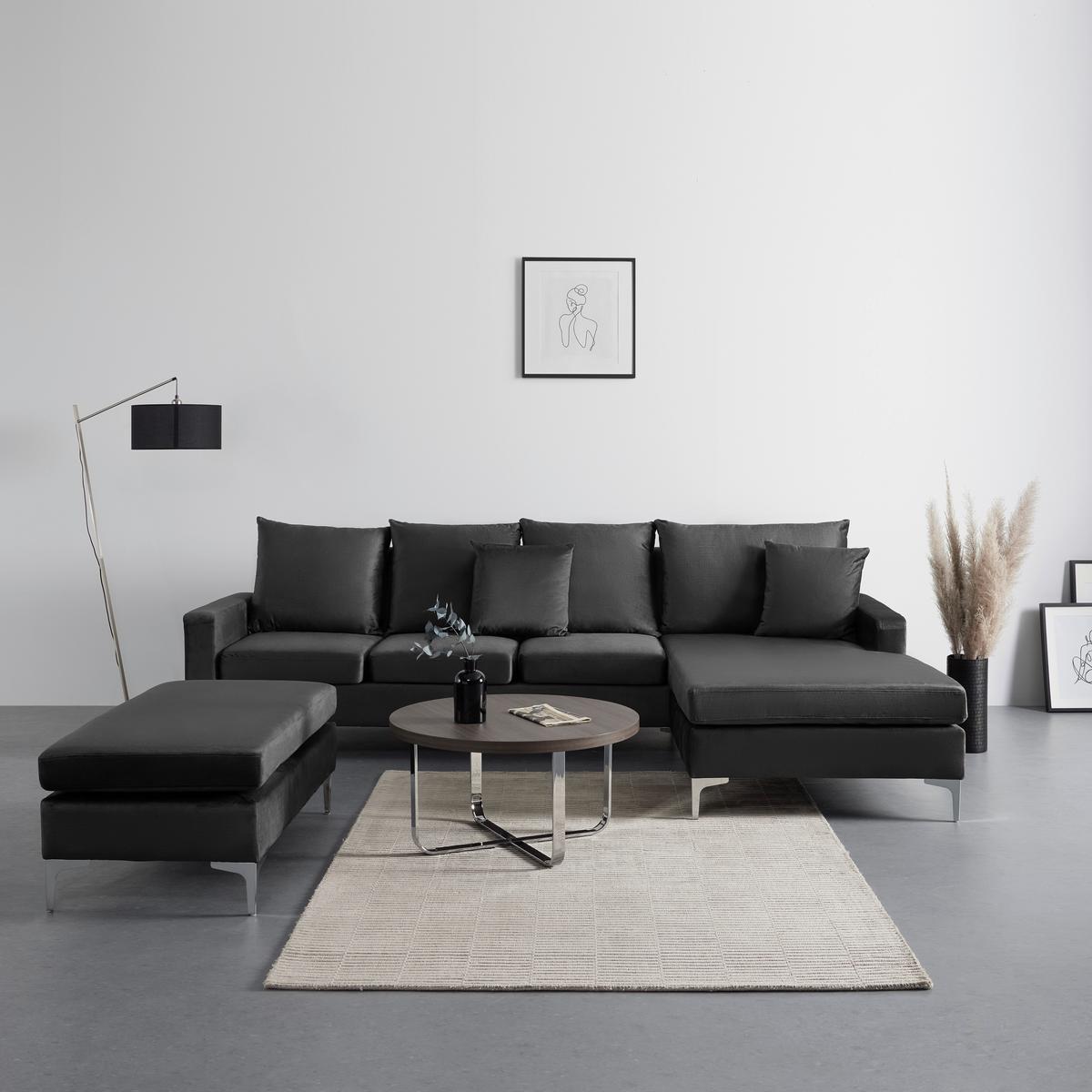 Sedací souprava ALONDRA, oboustranná, tmavě šedá - tmavě šedá/barvy nerez oceli, Moderní, kov/dřevo (287/80/182cm) - Bessagi Home