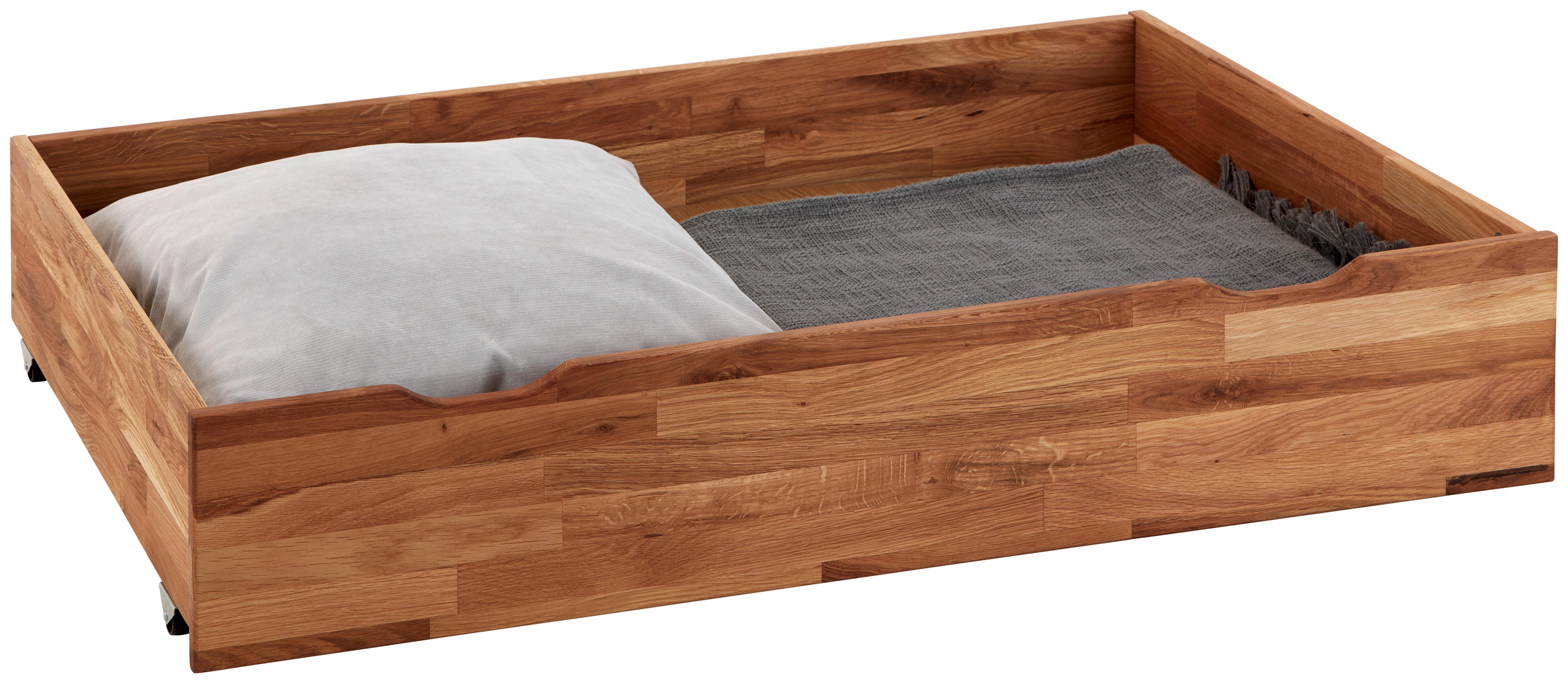 Bettkasten Malu B: 120 cm Eiche massiv mit Rollen - Eichefarben, Natur, Holz (120/68,5/21cm)