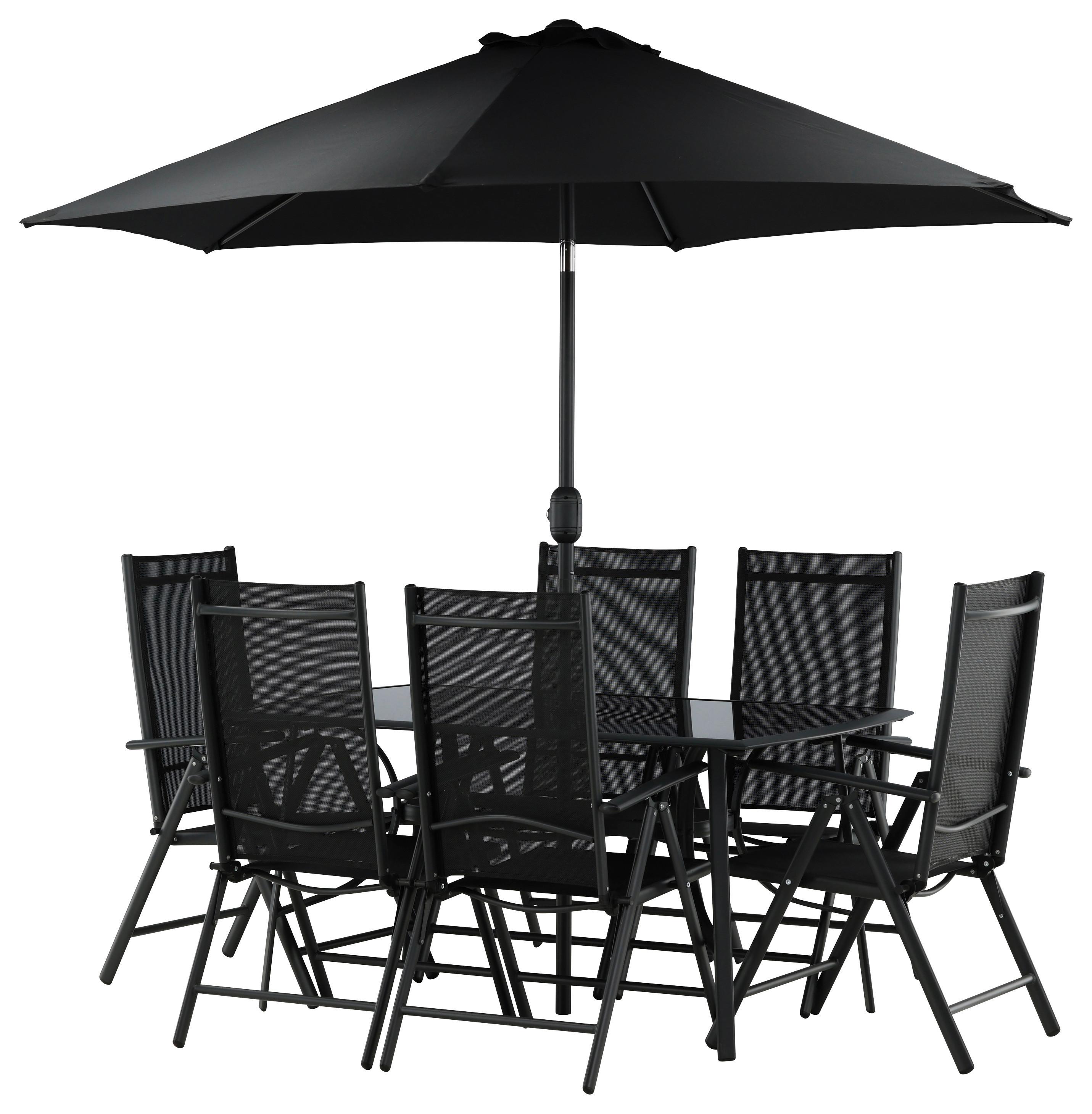 Gartentischgruppe 8-Tlg Brekki aus Aluminium mit Schirm - Schwarz, KONVENTIONELL, Glas/Metall - Gardenson