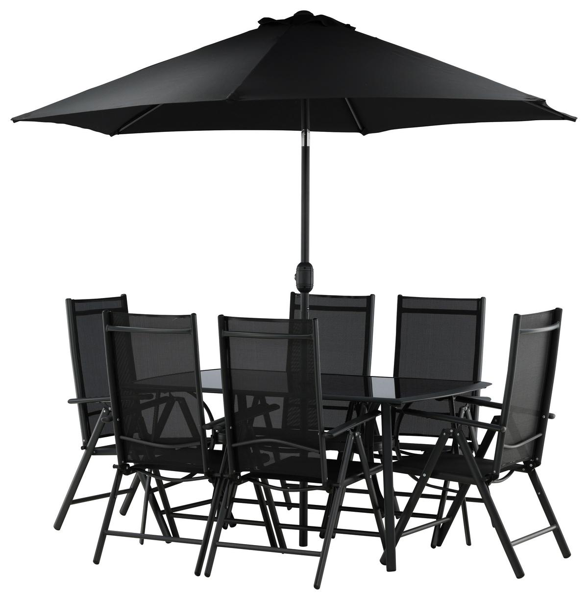 Gartentischgruppe 8-Tlg Brekki aus Aluminium mit Schirm - Schwarz, KONVENTIONELL, Glas/Metall - Gardenson