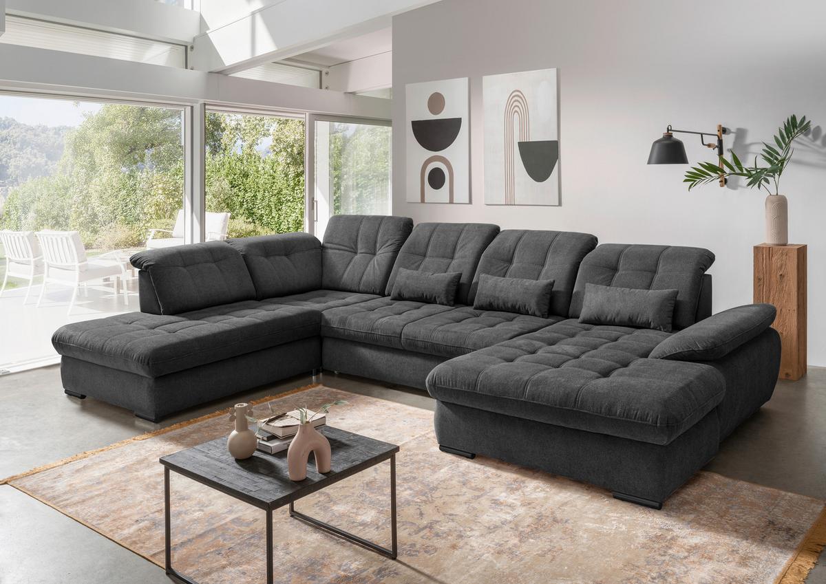 Wohnlandschaft Mit Bettkasten Rigatti Anthrazit B: 387 Cm - Anthrazit/Schwarz, MODERN, Textil (252/387/184cm) - Livetastic
