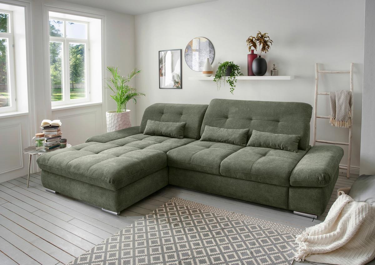 Ecksofa Dalida Dunkelgrün S: 196x300cm - Chromfarben/Dunkelgrün, Design, Textil (196/300cm) - Livetastic