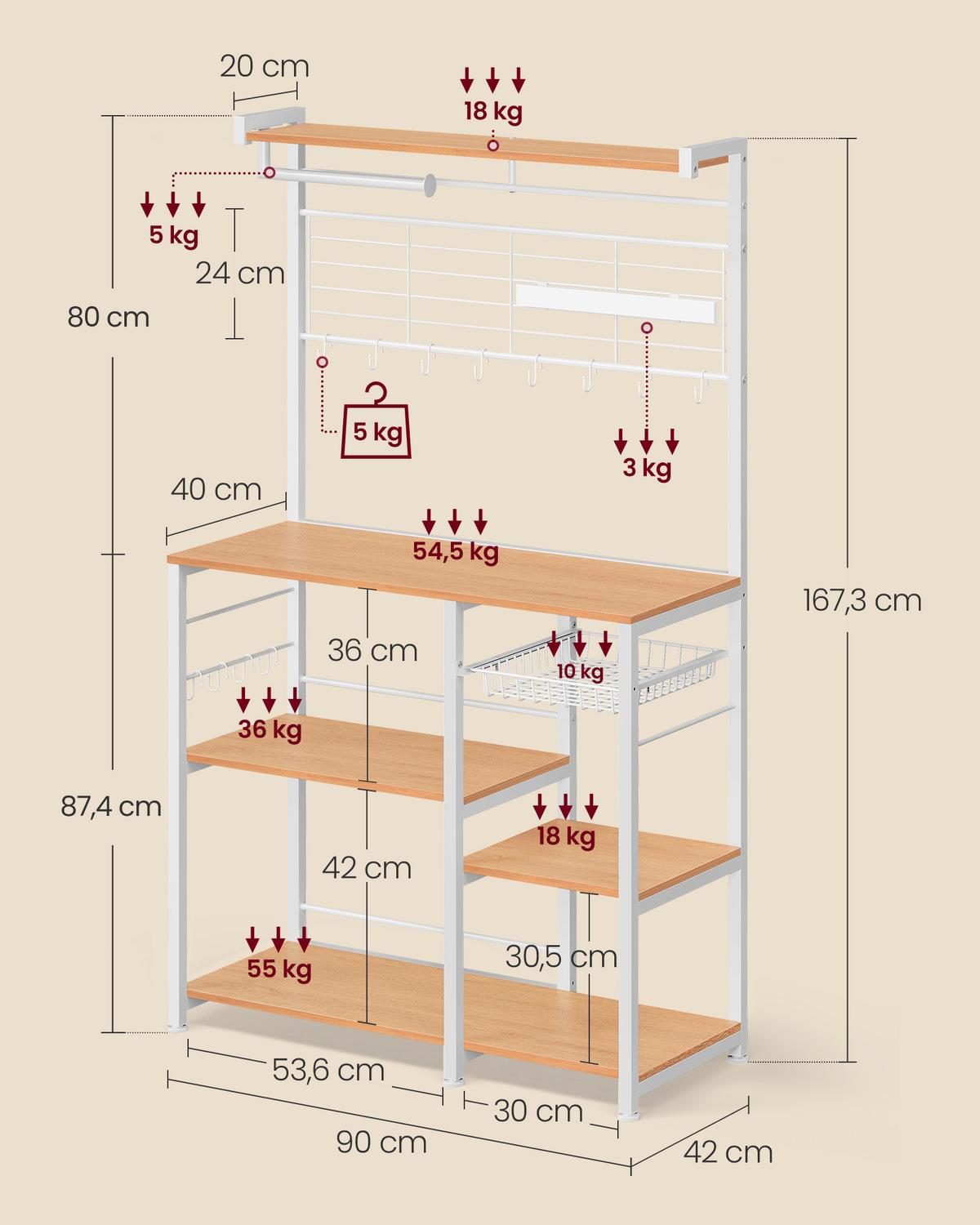 Regal Kitchen Shelf - Eichefarben/Weiß, MODERN, Holzwerkstoff/Metall (90/167/42cm) - MID.YOU