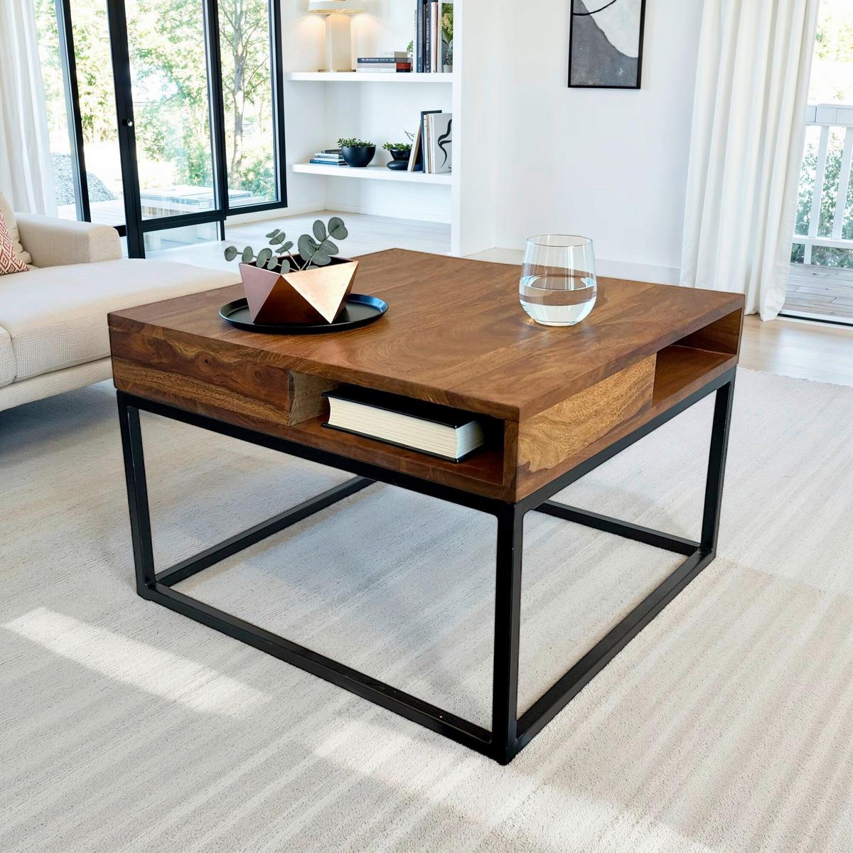 Couchtisch Sheeshamfarben B: 60 cm - Sheeshamfarben/Schwarz, Natur, Holz/Metall (60/60/40cm) - Livetastic