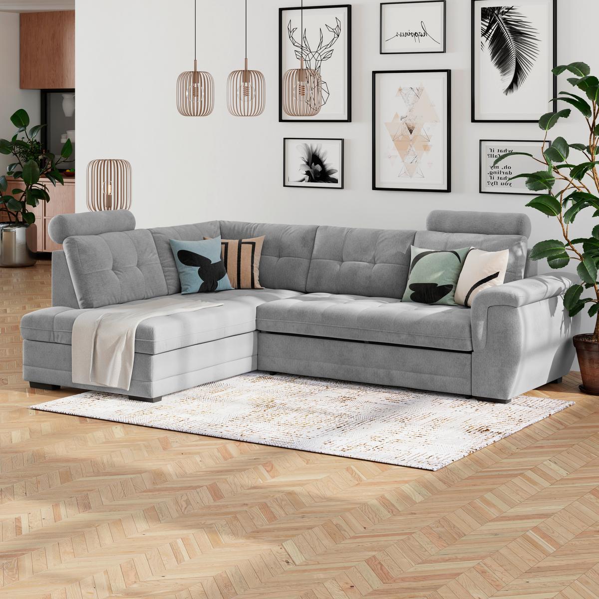 Ecksofa mit Schlaffunktion Falco new hellgrau 251x183 cm - Hellgrau/Schwarz, KONVENTIONELL, Textil (251/183cm) - Ondega
