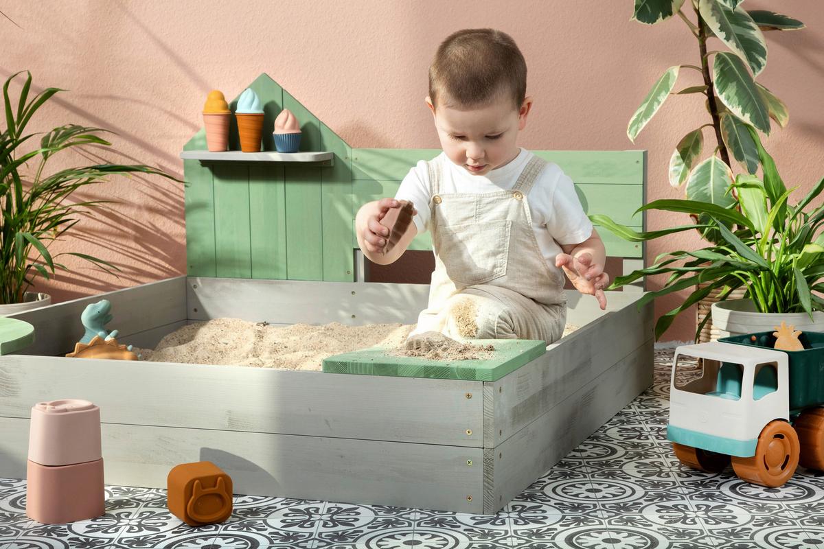 Sandkasten Cozy House Holz, LxBxH: 100x100x60 cm - Hellgrau/Grün, Basics, Holz (100/100/60cm) - MUDDY BUDDY