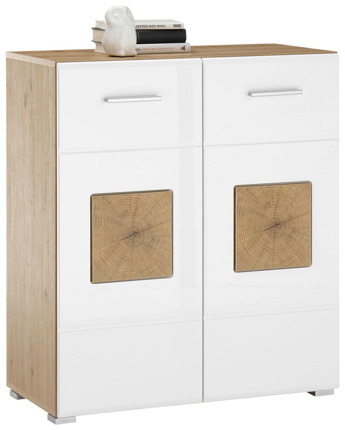 Kommode B: 80 cm Georgia Weiß/Eiche Dekor - Weiß Hochglanz/Silberfarben, MODERN, Holzwerkstoff (80/92/38cm)