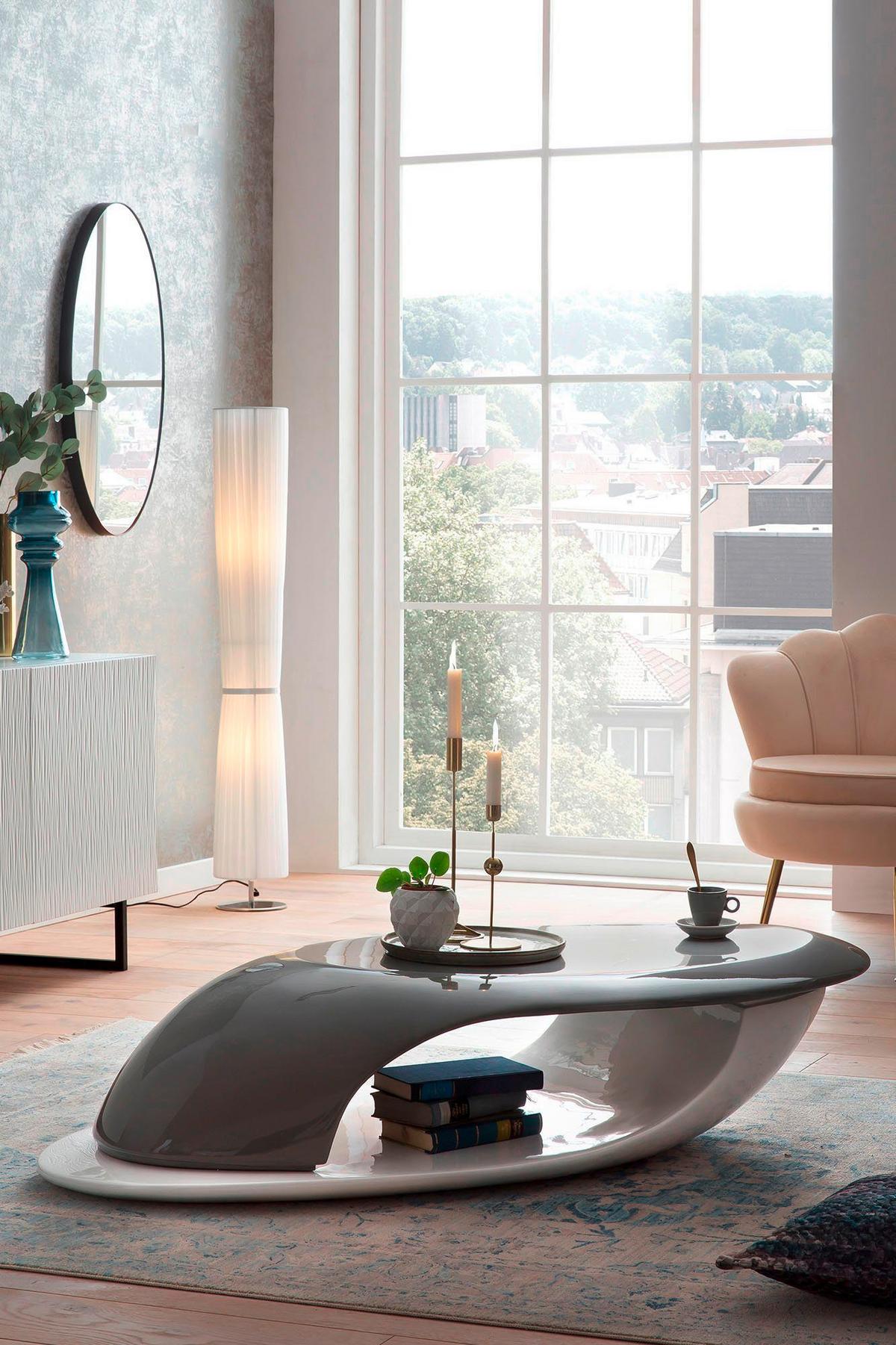 Couchtisch Grau/weiß Hochglanz L: 130 Cm - Weiß Hochglanz/Grau Hochglanz, Design, Kunststoff (130/58/30cm) - Livetastic