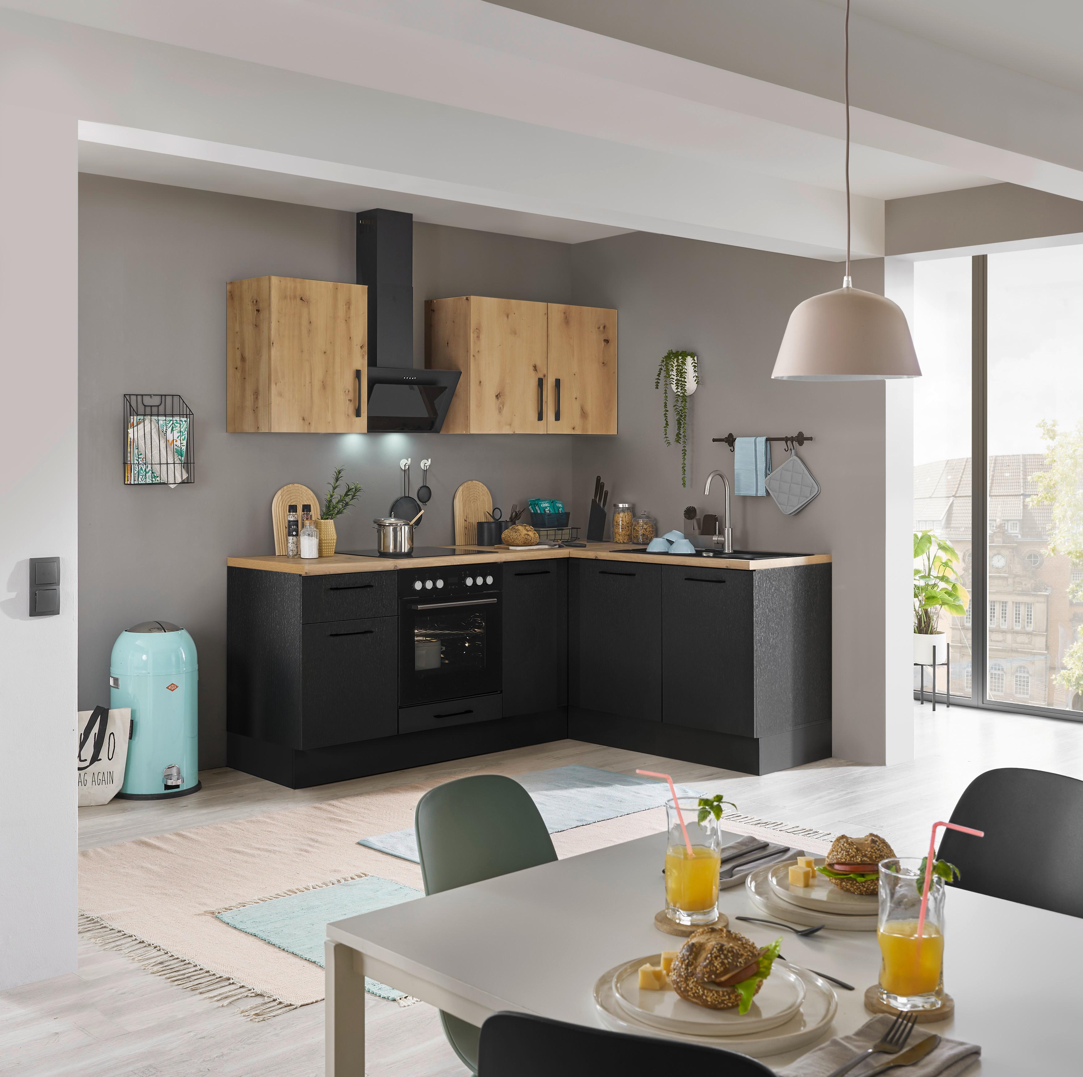 Eckküche Turin 210x165 cm Schwarz/Eiche Artisan Dekor - Schwarz/Eiche Artisan, Basics, Holzwerkstoff (210/165cm) - MID.YOU