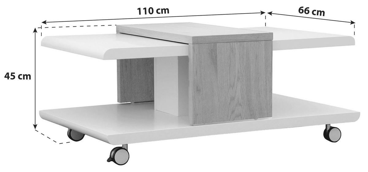 Couchtisch Holz mit Rollen Joliet, Weiß/Braun - Wildeiche/Weiß, KONVENTIONELL, Holzwerkstoff/Kunststoff (110/66/45cm) - MID.YOU