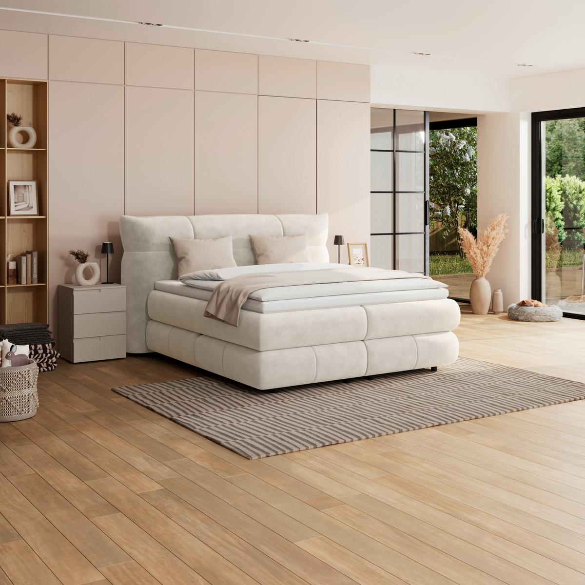 Boxspringbett Carmelo Creme 180x200 H5 - Creme/Schwarz, Trend, Textil (180/200cm)