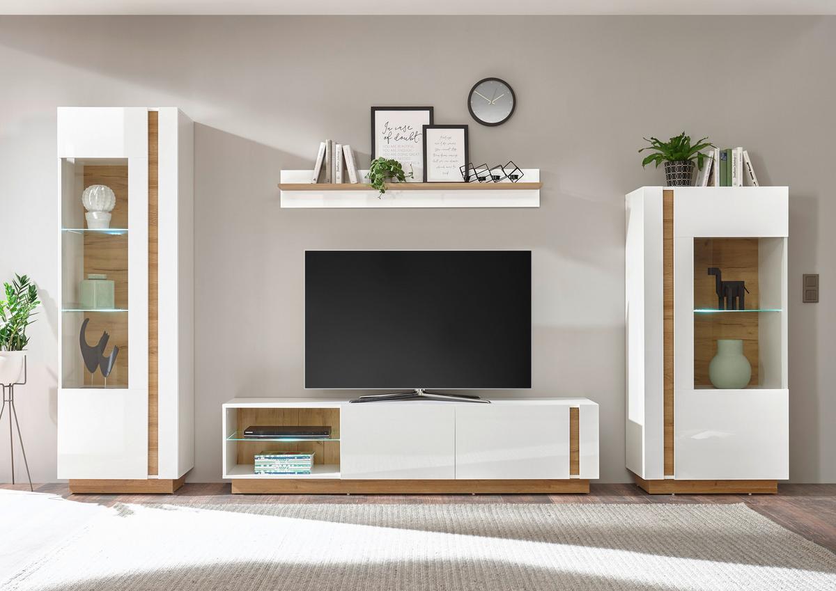 Wohnwand Clair Weiß/Eichefarben B: 340cm - Eichefarben/Weiß, Design, Glas/Holzwerkstoff (340/194/40cm) - MID.YOU