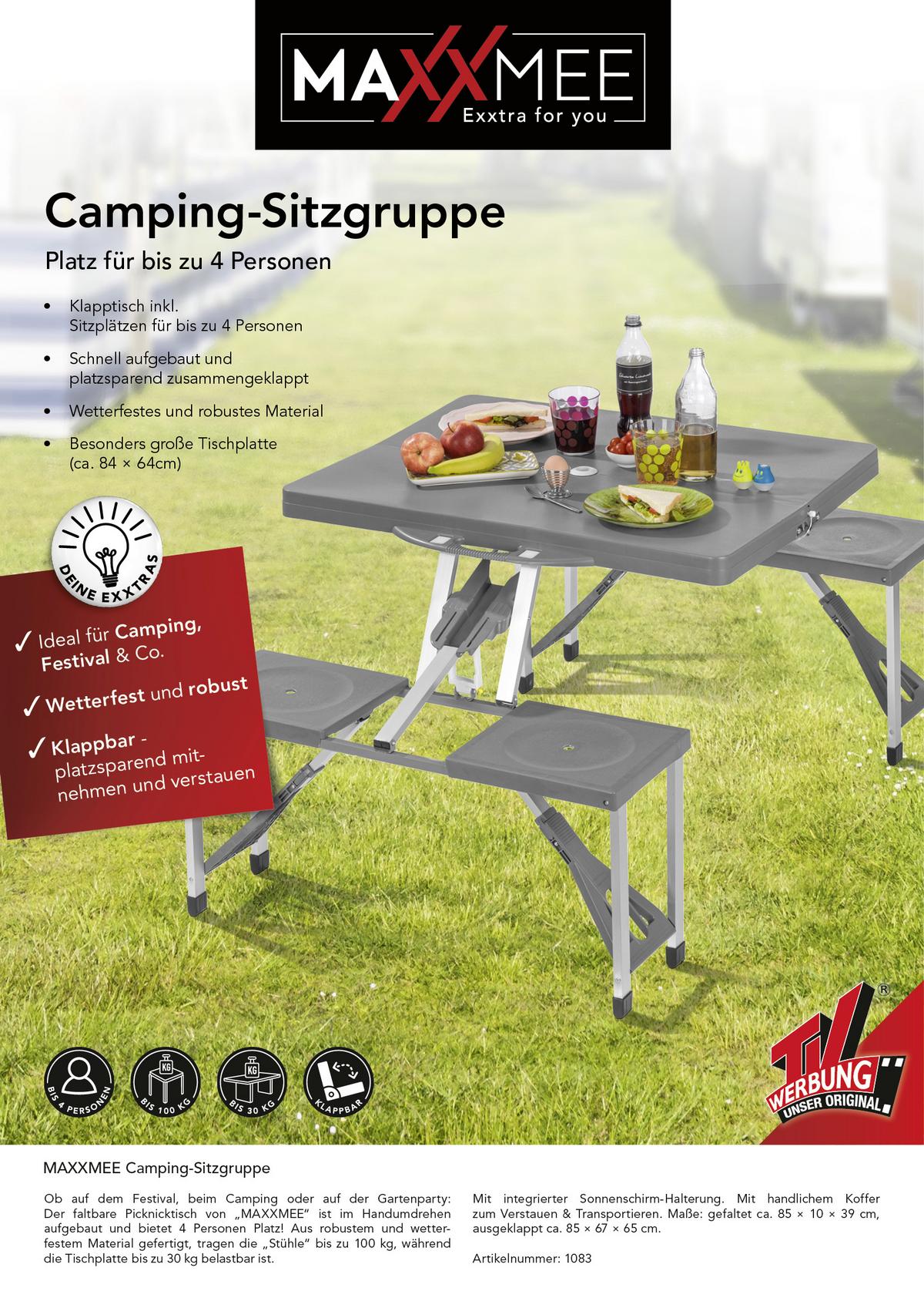 Campingtisch Set Faltbar Mit Bänken + Tragegriff Maxxmee - Grau, Basics, Kunststoff/Metall (85/67/65cm) - TV - Unser Original