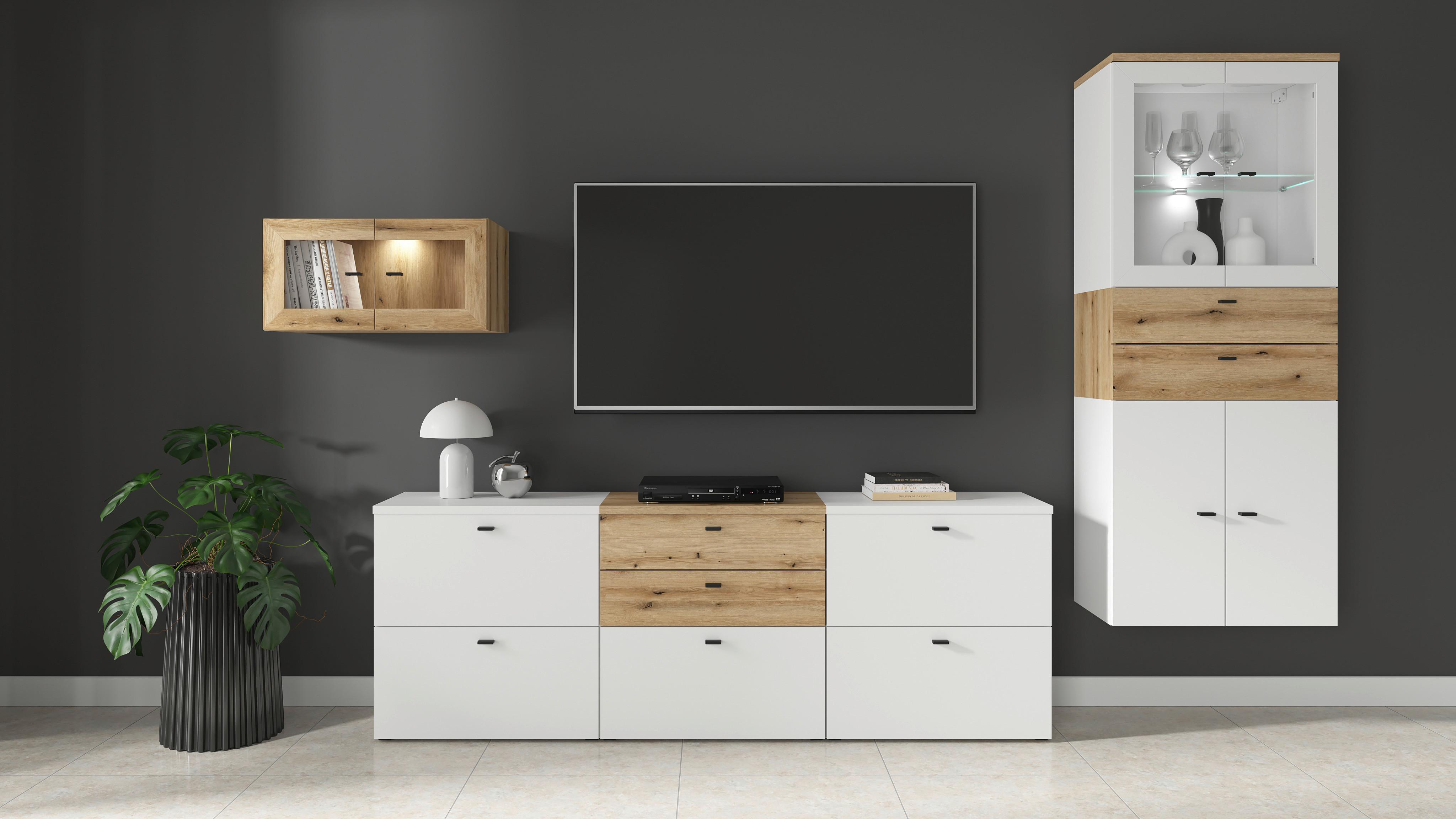 Wohnwand Sixty-four Weiß/eichefarben - Eichefarben/Schwarz, Trend, Holzwerkstoff (320/160/35cm)