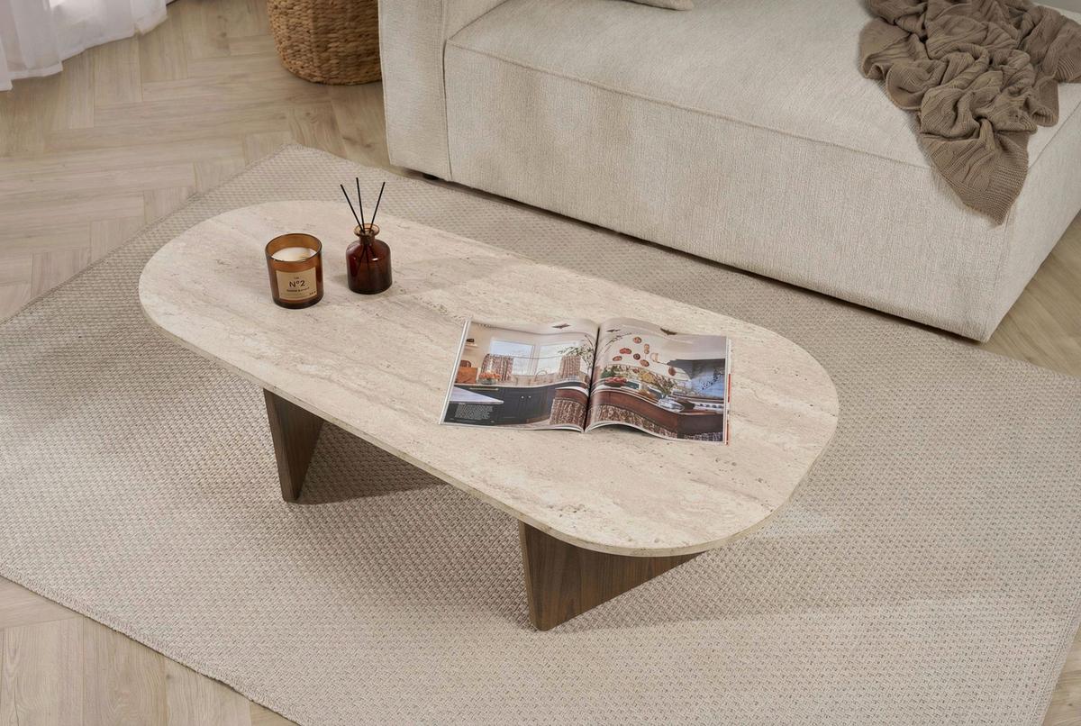 Couchtisch Ovalis Creme/Walnussfarben L: 130cm - Walnussfarben/Creme, Design, Holzwerkstoff (130/65/40cm) - MID.YOU