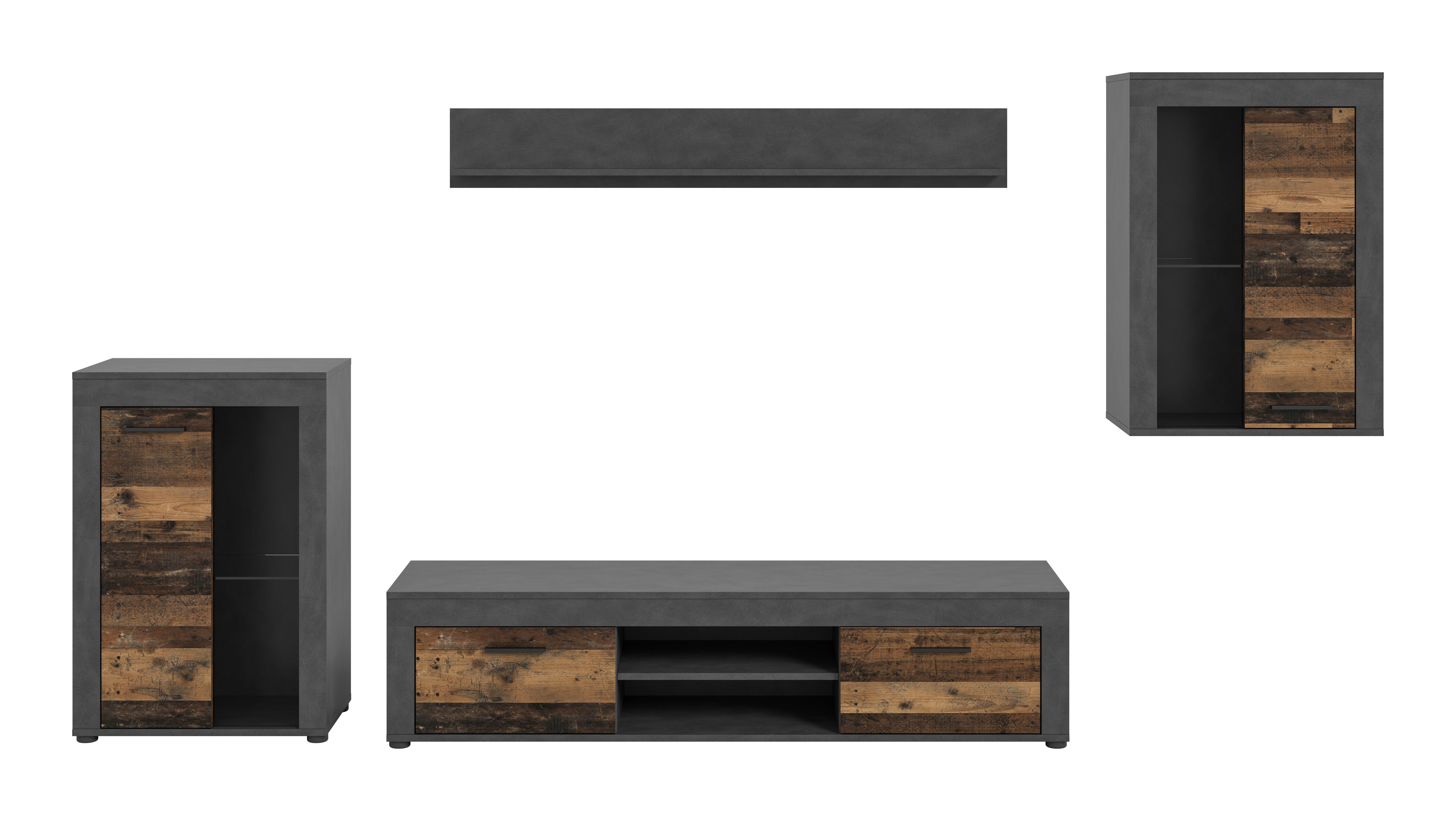 Wohnwand Jam Grau/Naturfarben B: 310 cm - Schwarz/Naturfarben, Design, Glas/Holzwerkstoff (310/169/35cm) - MID.YOU