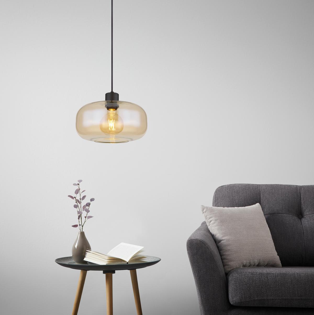 Závesné svietidlo Zirlop, bez. 1xE27 - čierna/jantárová, Modern, kov/sklo (28/120cm) - Mömax