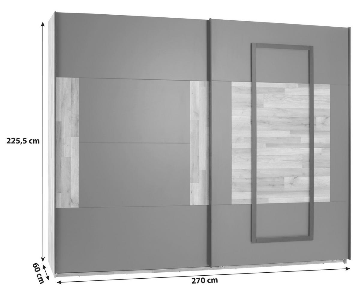 Schwebetürenschrank + LED 270cm , Graphit/Eiche Dekor - Eichefarben/Graphitfarben, KONVENTIONELL, Holzwerkstoff (270/225,5/60cm) - James Wood