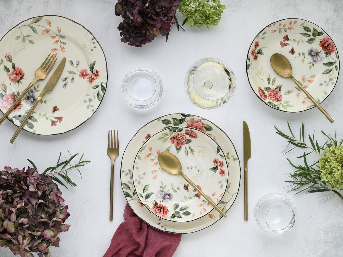 Tafelservice Priscilla Keramik 6 Personen Floral - Waldgrün/Mauve, Trend, Keramik - Creatable