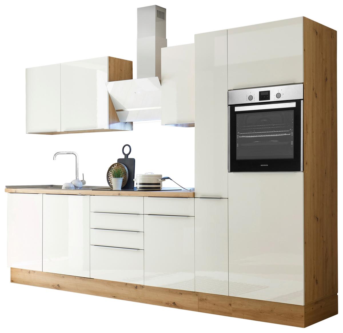 Küchenzeile mit Geräten B: 310 cm Weiß/Eiche Dekor - Weiß Hochglanz/Eiche Artisan, LIFESTYLE, Holzwerkstoff (310/211/60cm) - Respekta